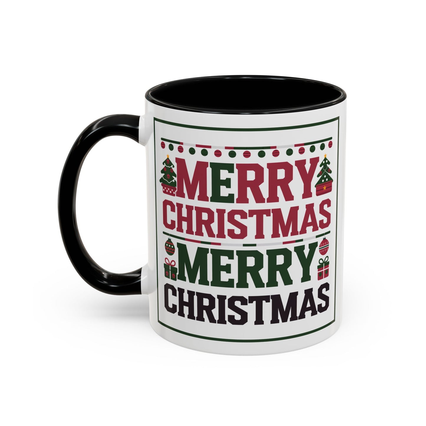 Christmas Mug - Merry Christmas Red Green & Black Text Trees Presents