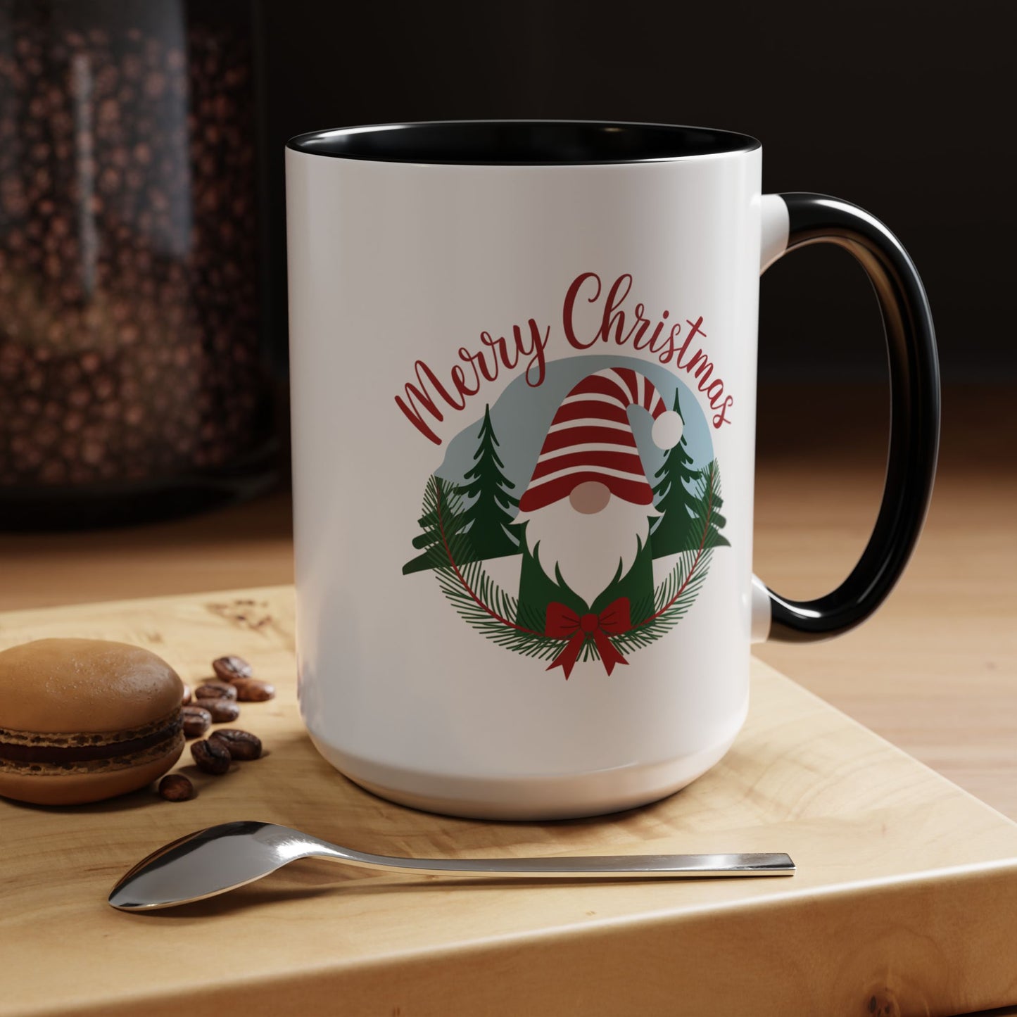 Christmas Mug - Merry Christmas Red Text Gnome Bow Tree