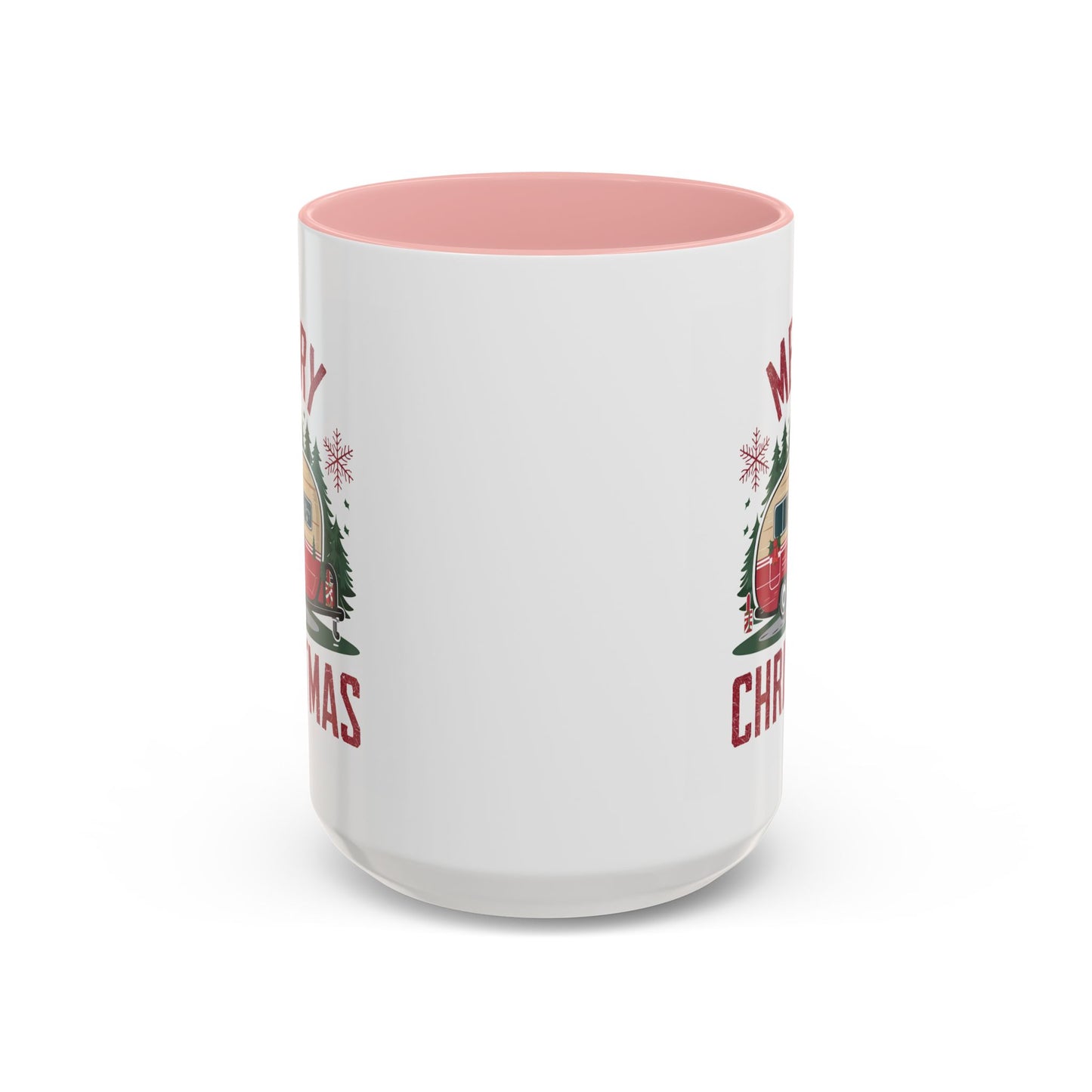 Christmas Mug - Merry Christmas Maroon Text Camper Trees Snowflakes