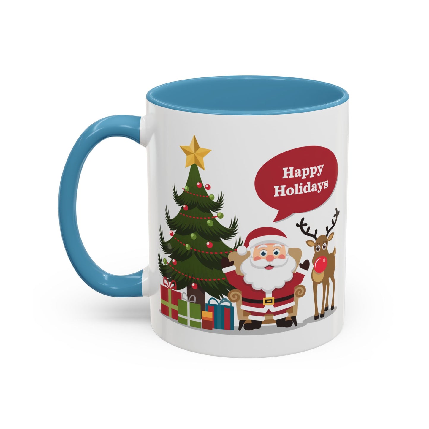 Christmas Mug - Happy Holidays Callout Santa Tree Presents Reindeer