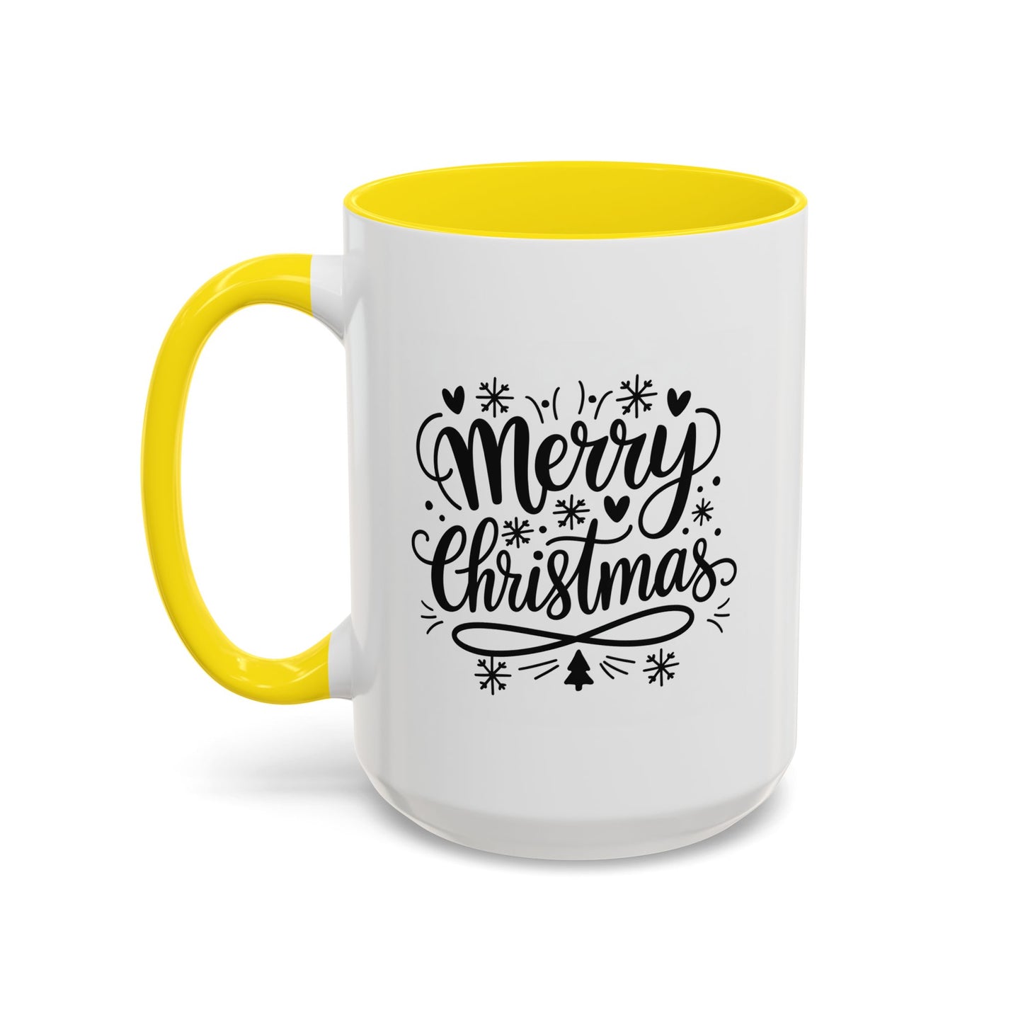 Christmas Mug - Merry Christmas Black Text Tree Snowflakes Hearts