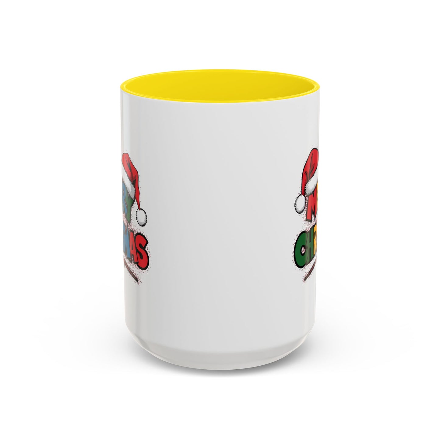 Christmas Mug - Merry Christmas Red Yellow & Blue Text Red Hats