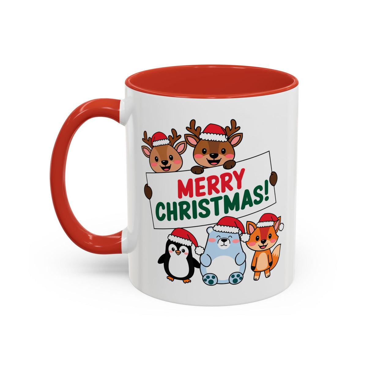 Christmas - Merry Christmas Red & Green Text Reindeer Penguin Bear Fox
