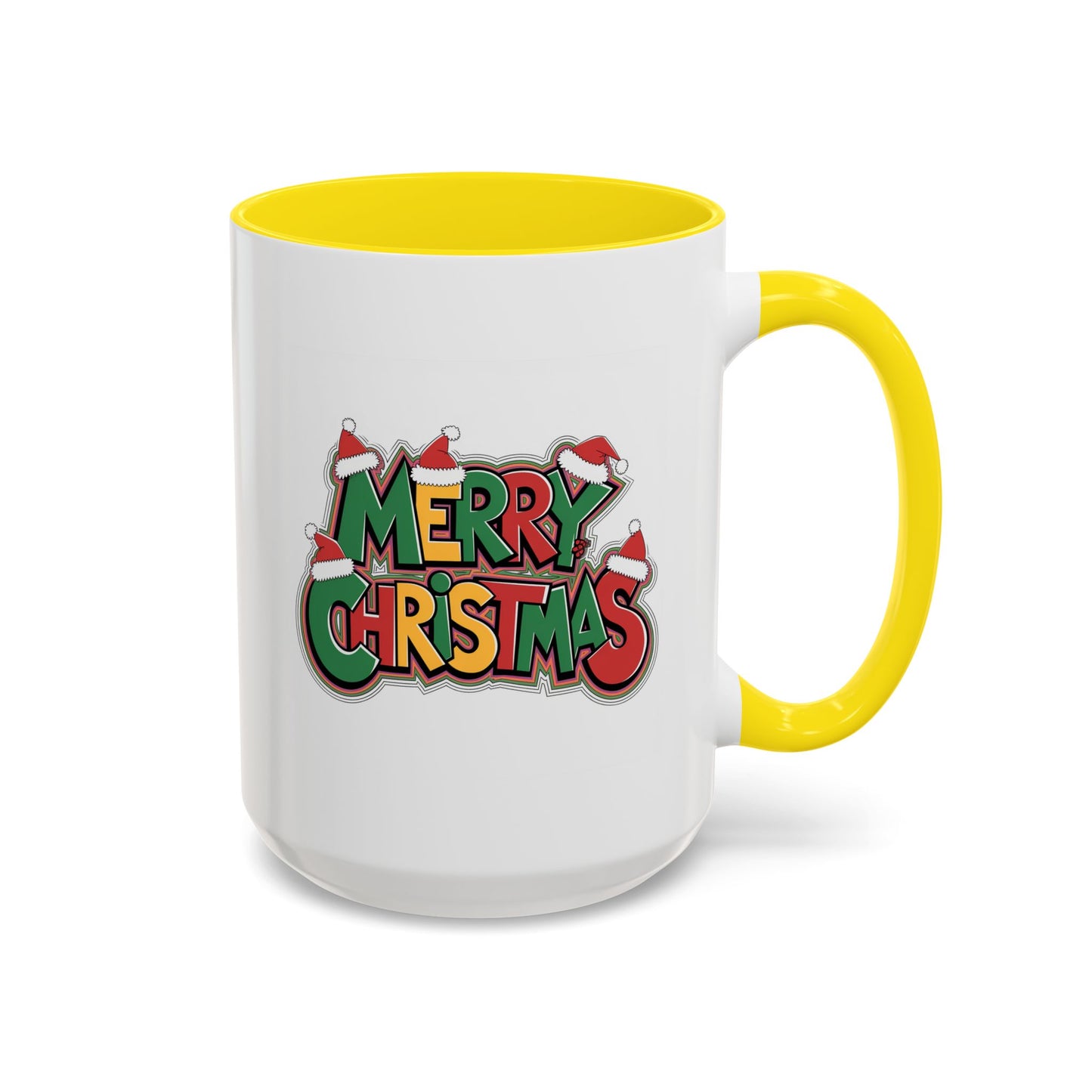 Christmas Mug - Merry Christmas Green Yellow & Red Text Hats