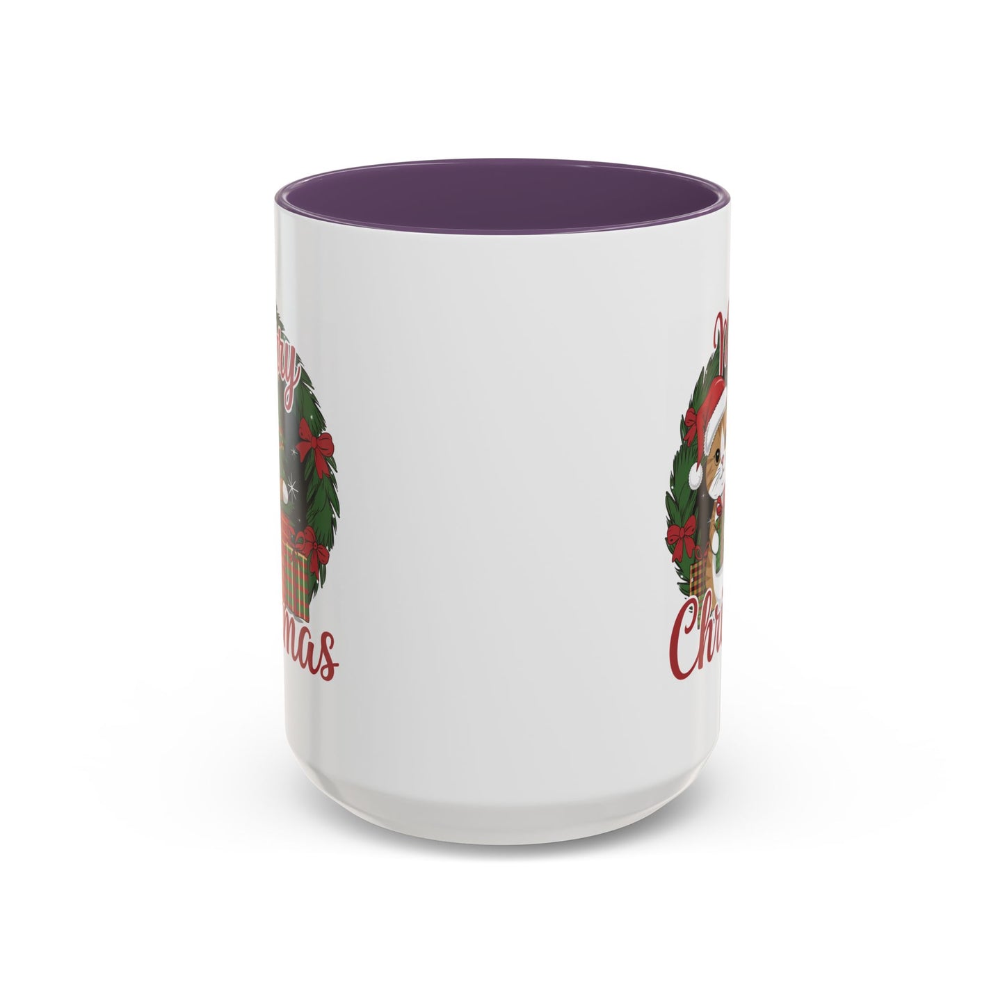 Christmas Mug - Merry Christmas Red Text Cat Presents Wreath