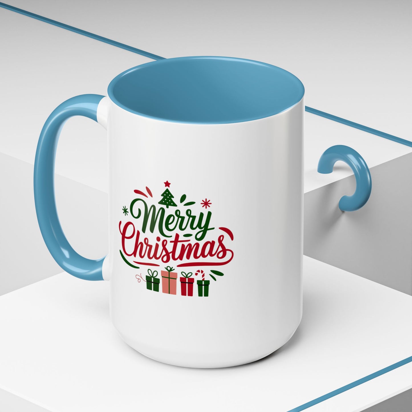 Christmas Mug - Merry Christmas Green & Red Text Tree Snowflakes Presents