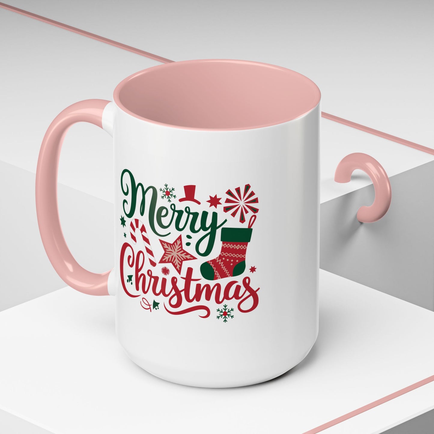 Christmas Mug - Merry Christmas Green & Red Text Star Candy Cane Stocking Snowflake