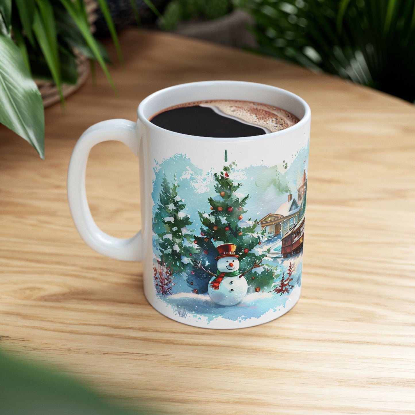 Christmas Mug - Snowman Trees Train