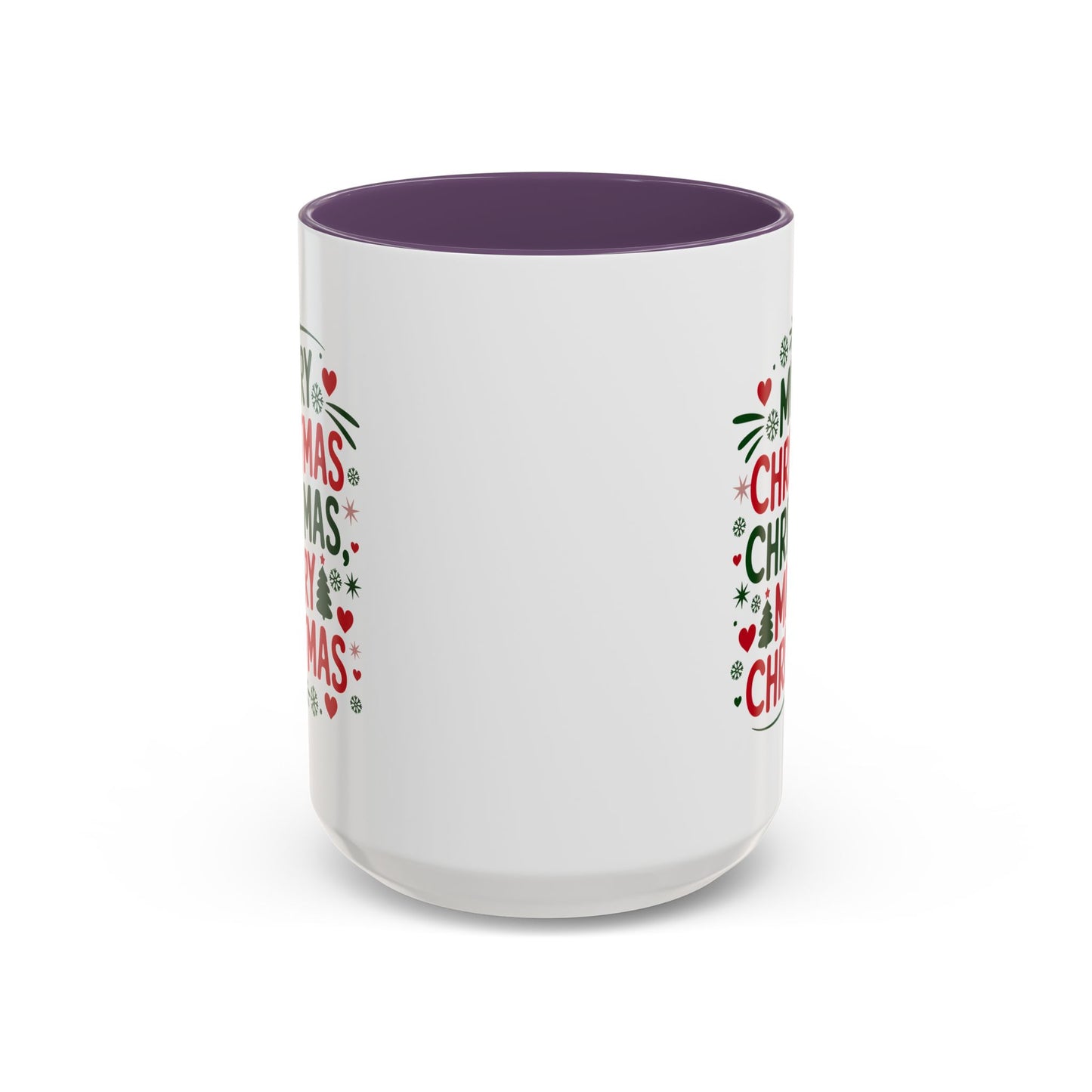 Christmas Mug - Merry Christmas Green & Red Text Trees Hearts Snowflakes Stars
