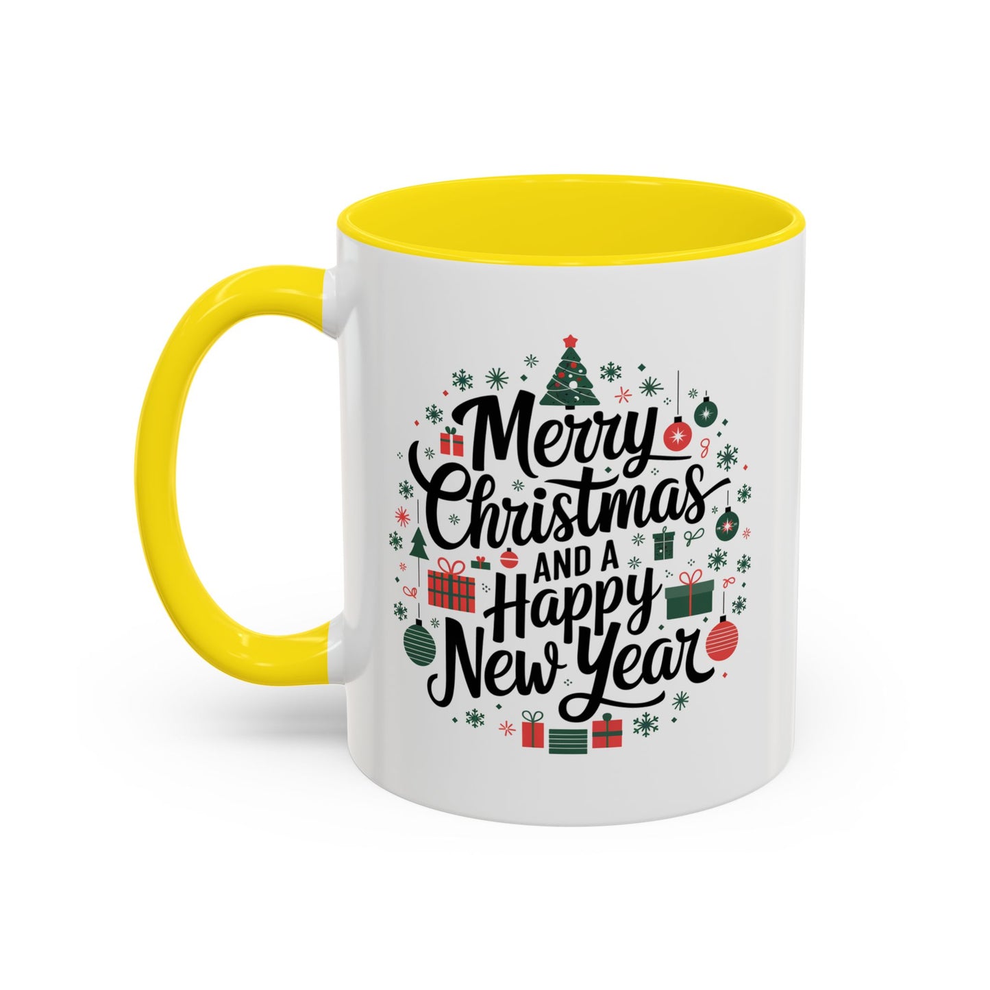 Christmas Mug - Merry Christmas and a Happy New Year Black Text Tree Ornaments Presents