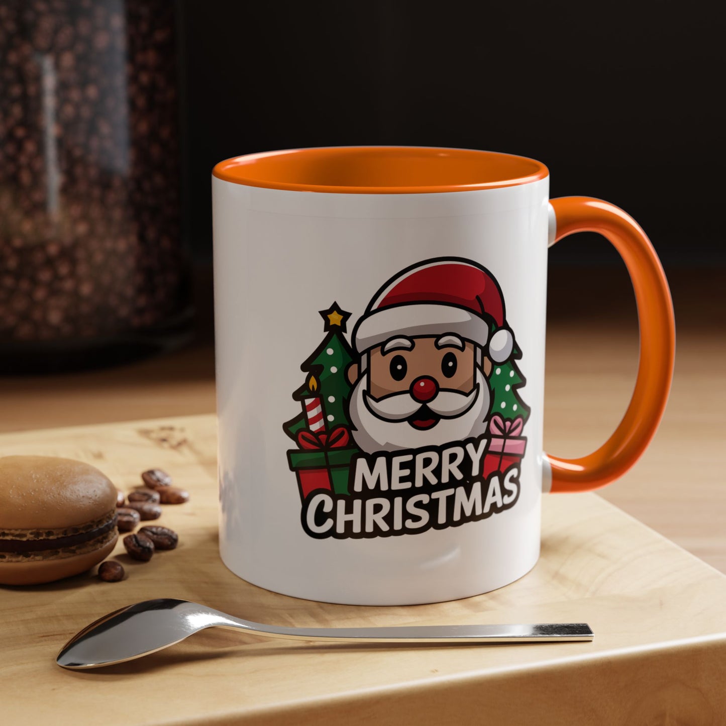 Christmas Mug - Merry Christmas White & Black Text Santa Trees Presents