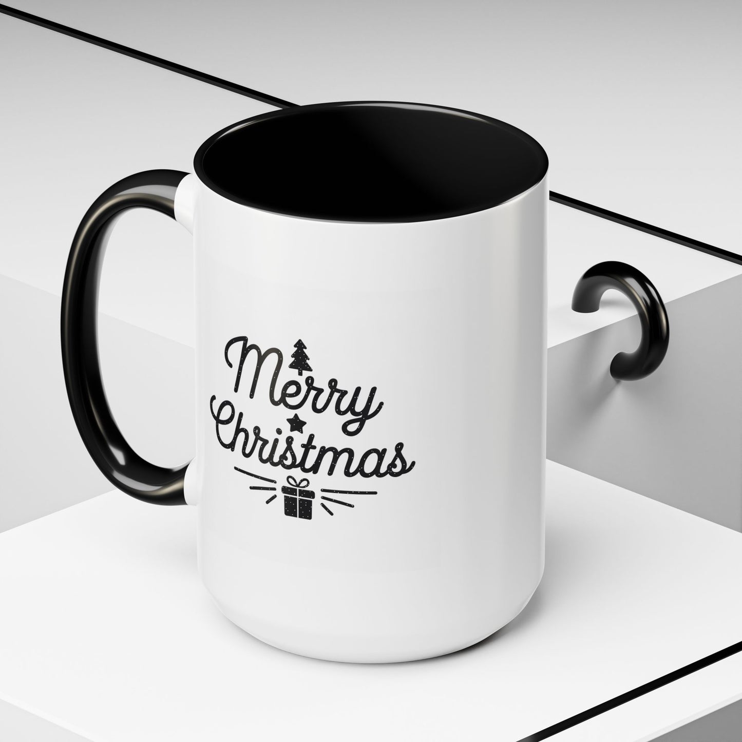 Christmas Mug - Merry Christmas Black Text Tree Star Present