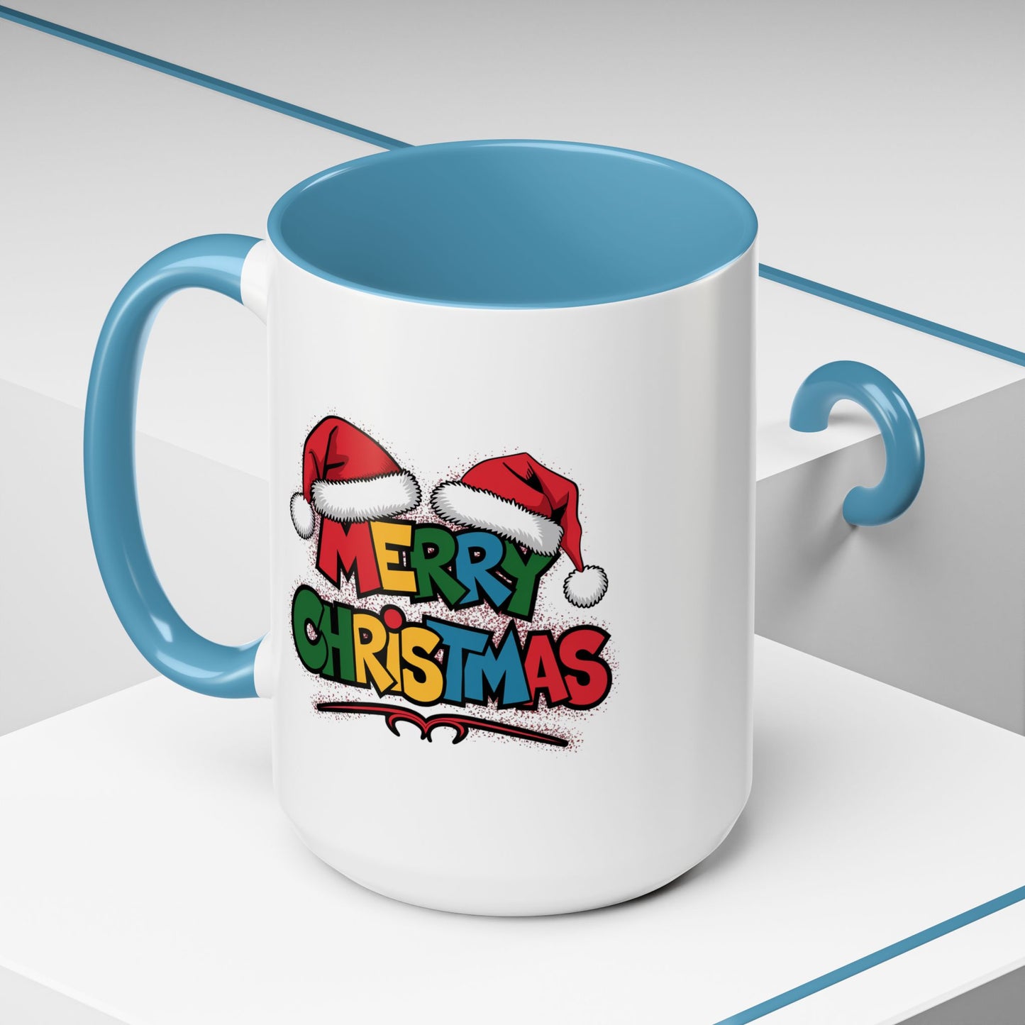 Christmas Mug - Merry Christmas Red Yellow & Blue Text Red Hats