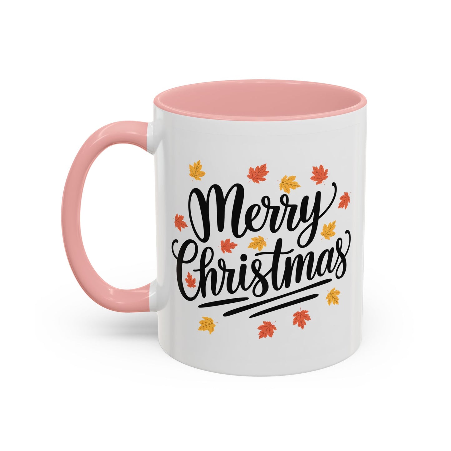 Christmas Mug - Merry Christmas Black Text Fall Leaves