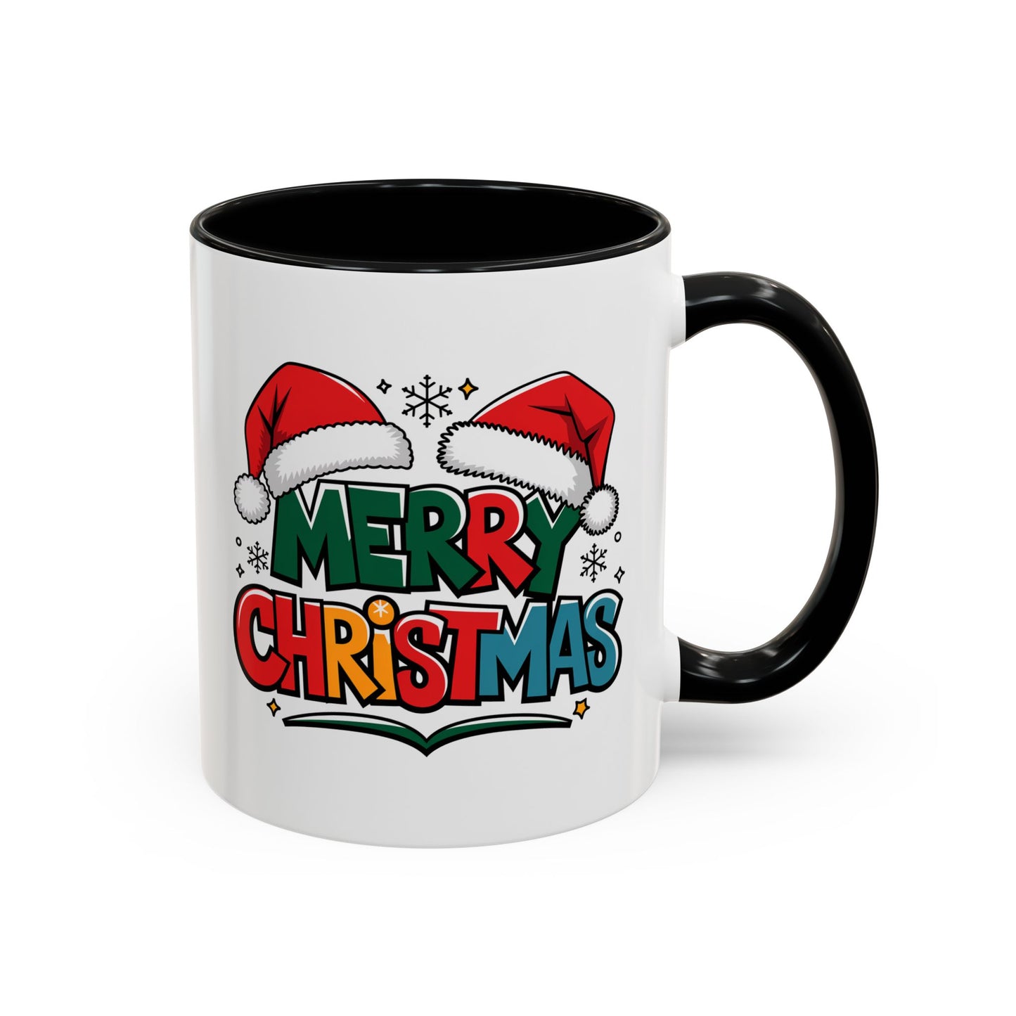 Christmas Mug - Merry Christmas Green Red Yellow and Blue Text Red Hats