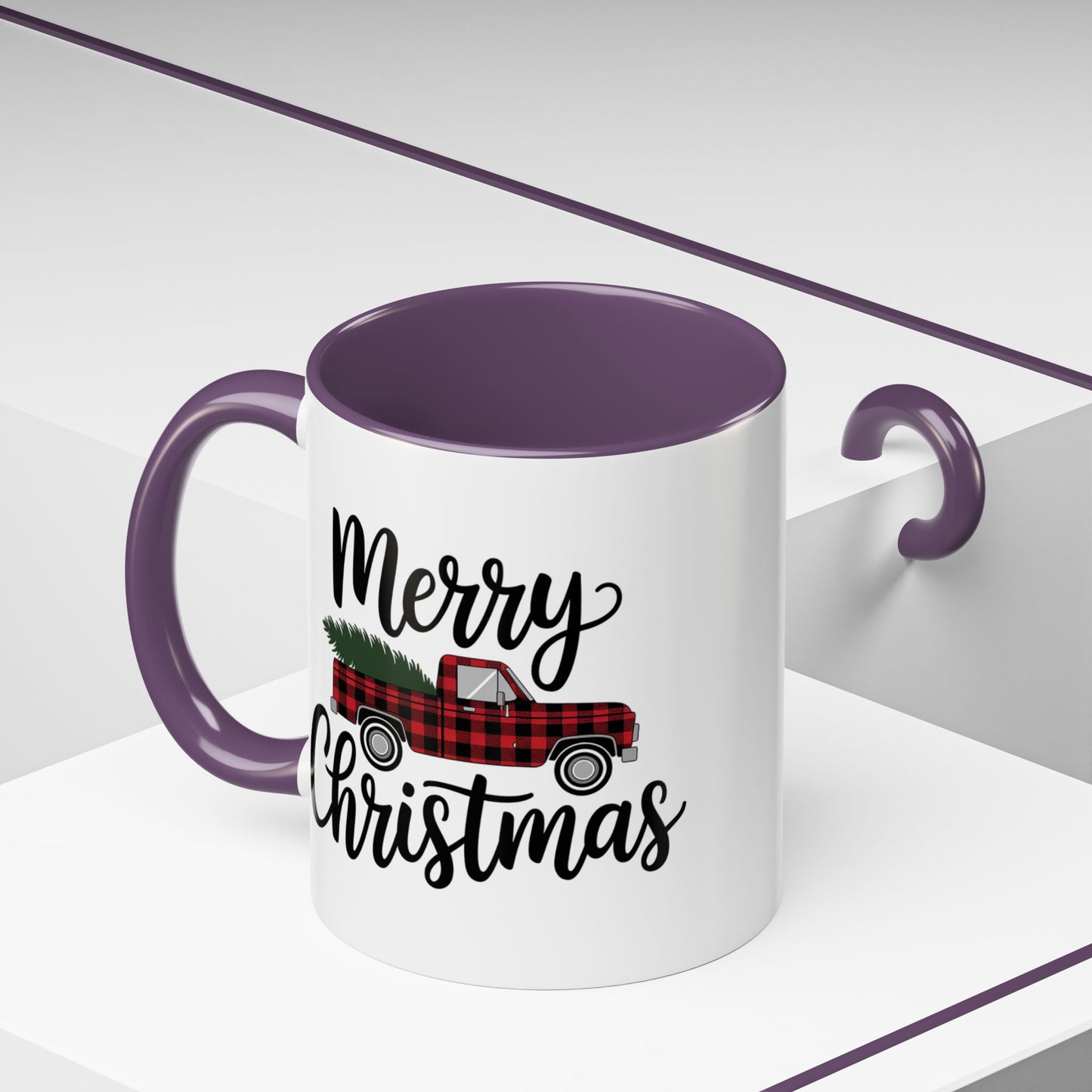 Christmas Mug - Merry Christmas Black Text Tartan Truck