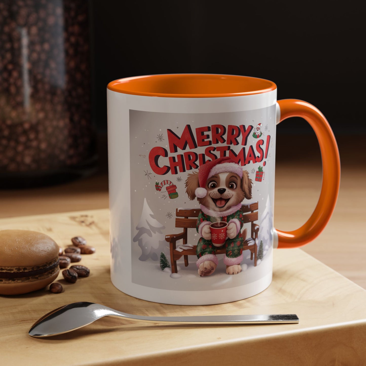 Christmas Mug - Merry Christmas Red Text Puppy Green & Red Top