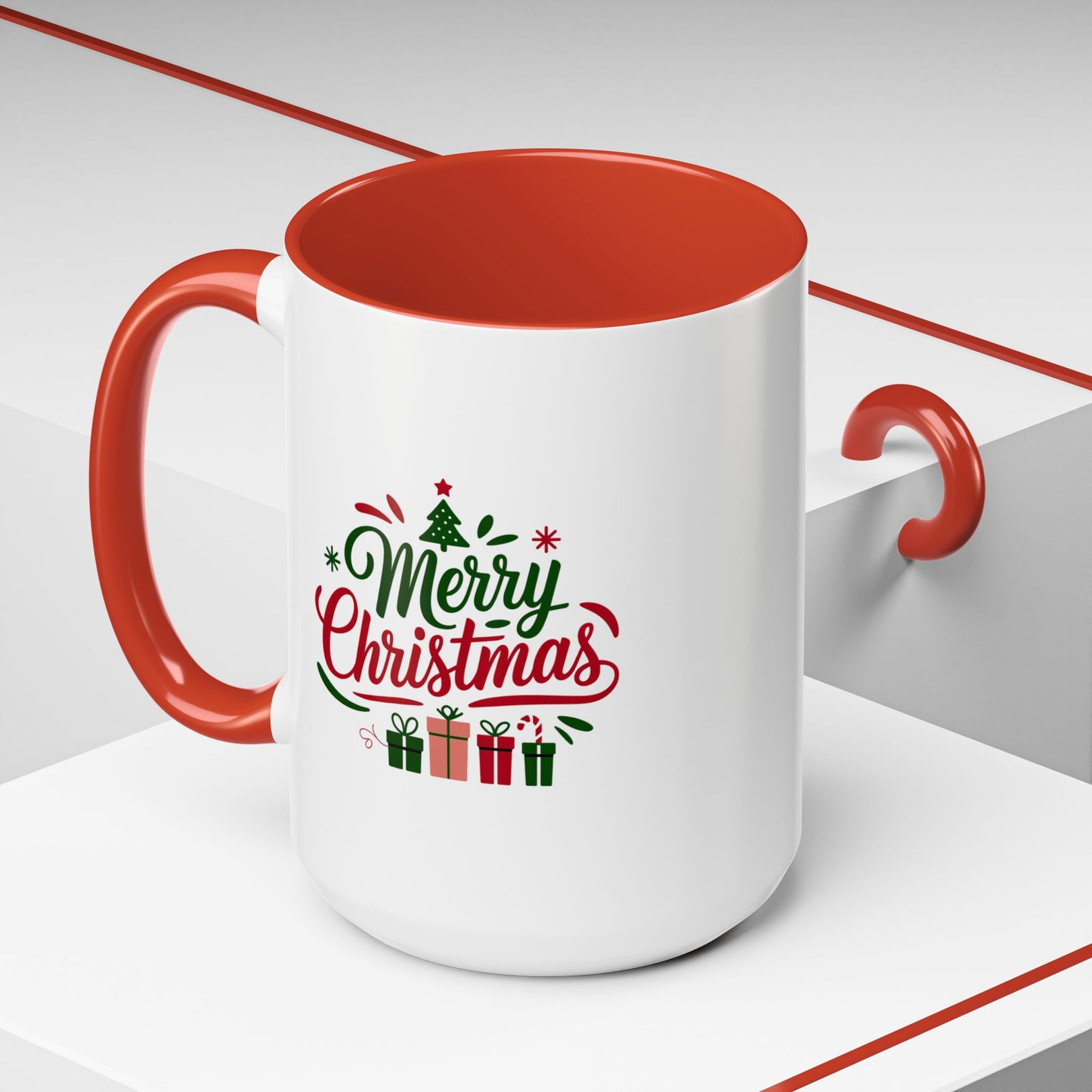 Christmas Mug - Merry Christmas Green & Red Text Tree Snowflakes Presents