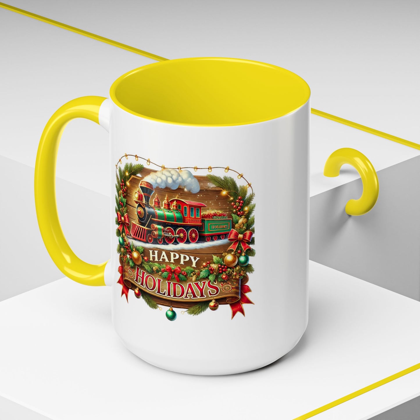 Christmas Mug - Happy Holidays White & Red Text Steam Locomotive