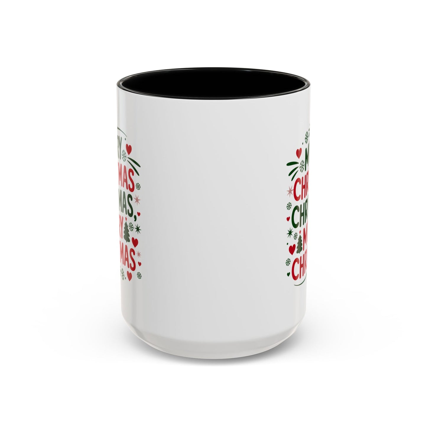 Christmas Mug - Merry Christmas Green & Red Text Trees Hearts Snowflakes Stars