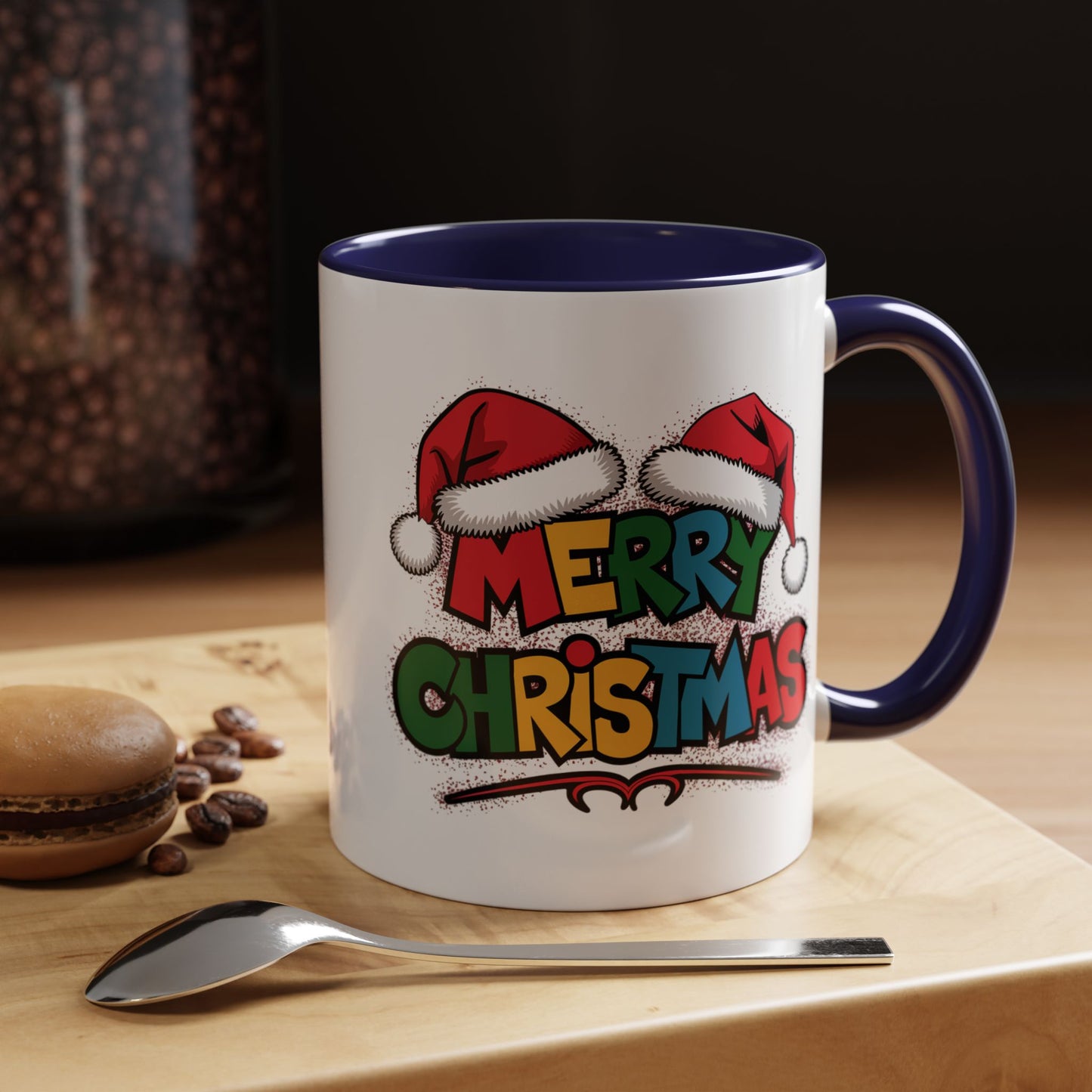 Christmas Mug - Merry Christmas Red Yellow & Blue Text Red Hats