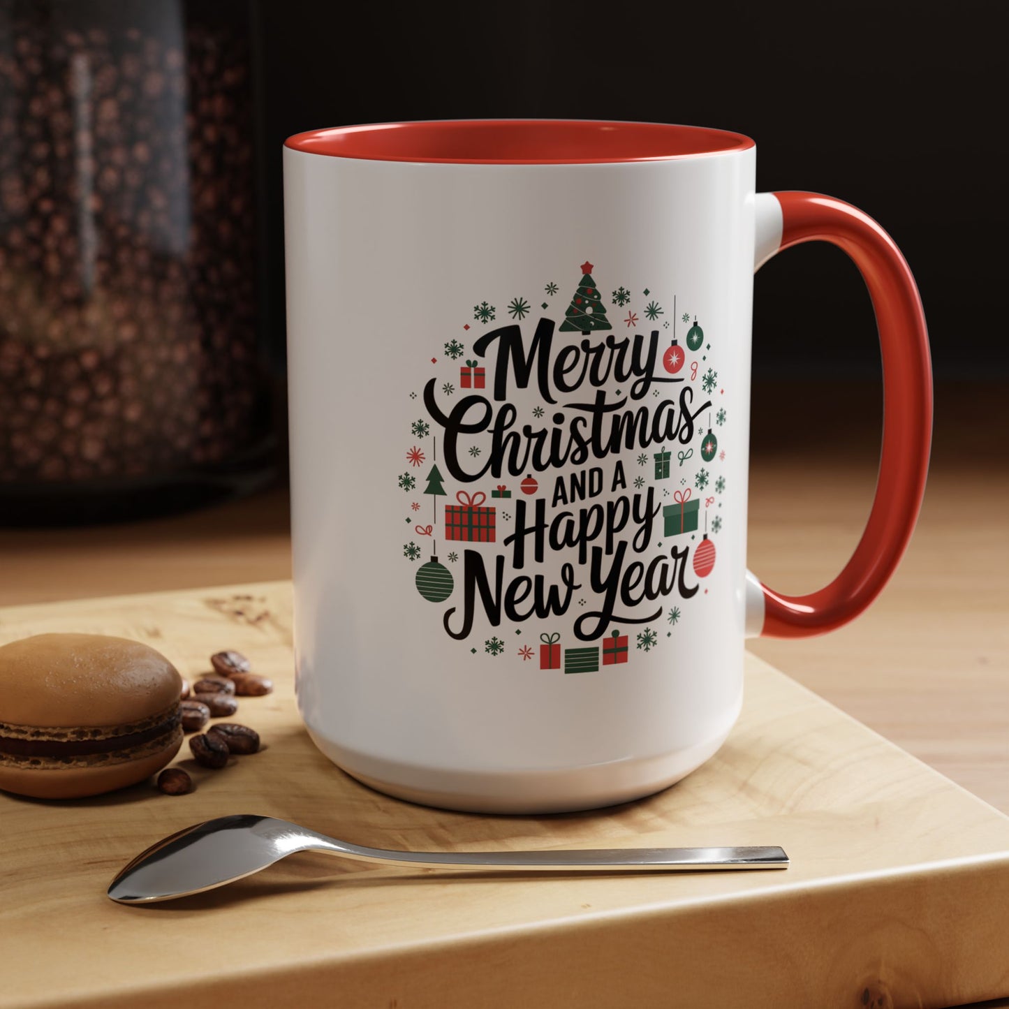 Christmas Mug - Merry Christmas and a Happy New Year Black Text Tree Ornaments Presents