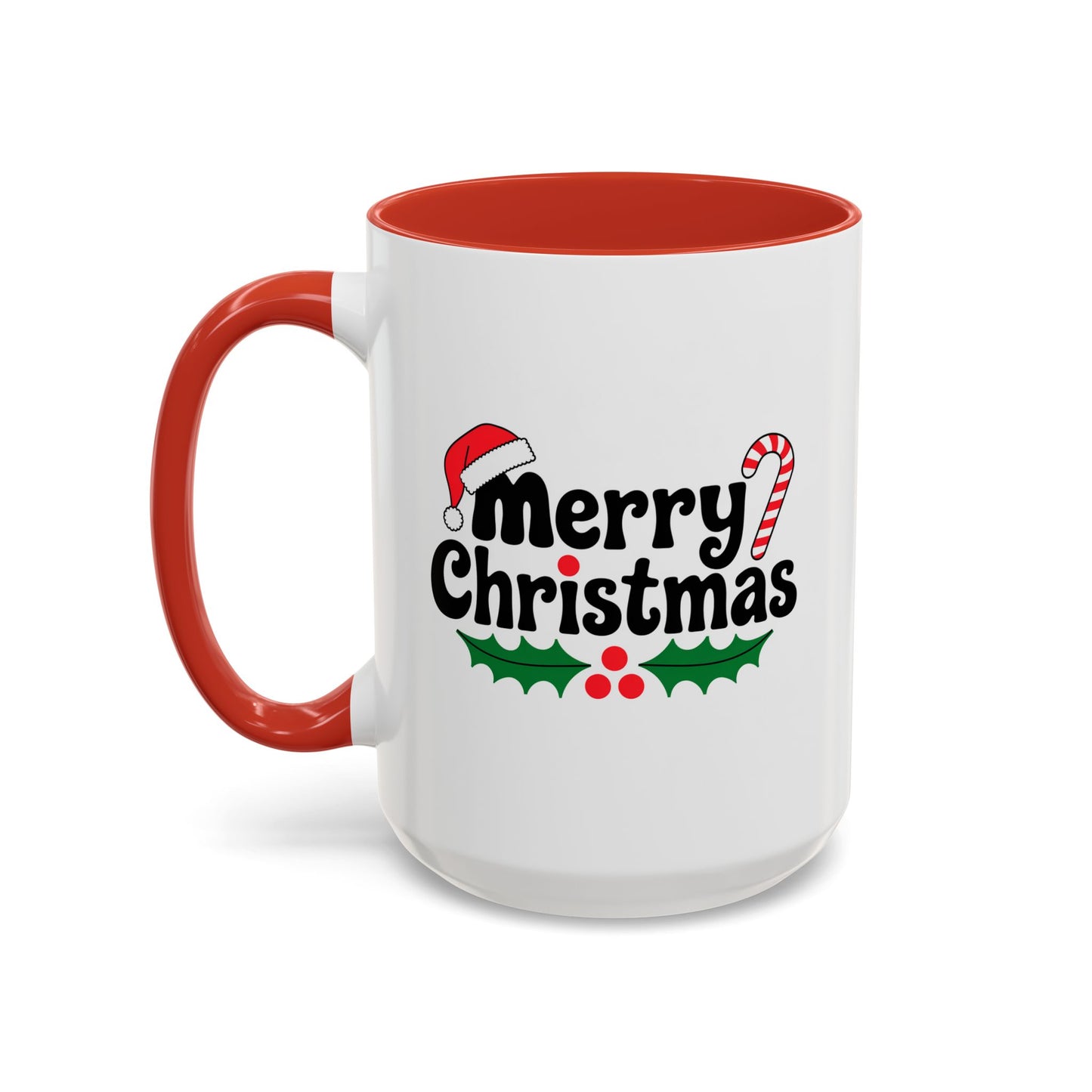 Christmas Mug - Merry Christmas Black Text Hat Candy Cane Mistletoe