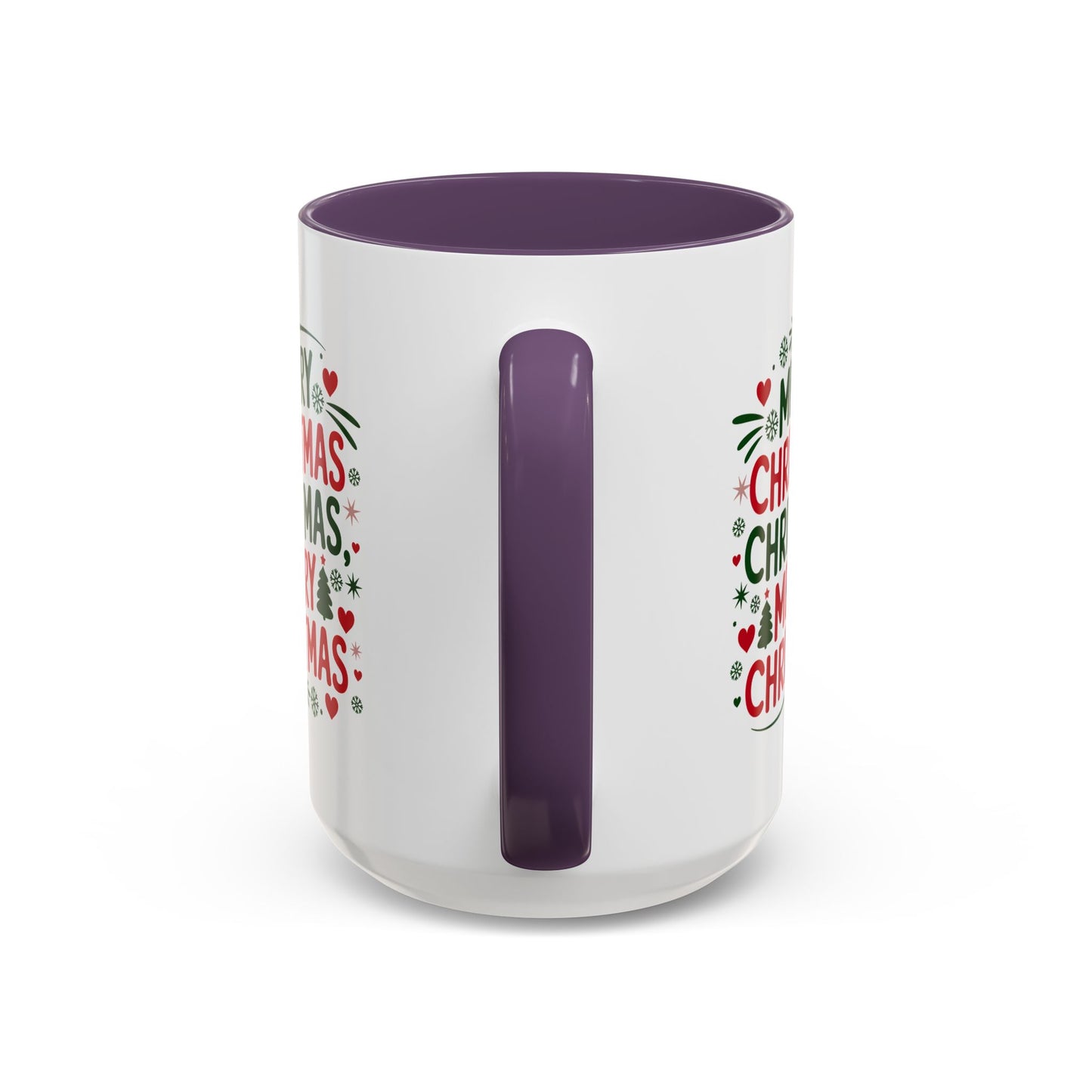 Christmas Mug - Merry Christmas Green & Red Text Trees Hearts Snowflakes Stars