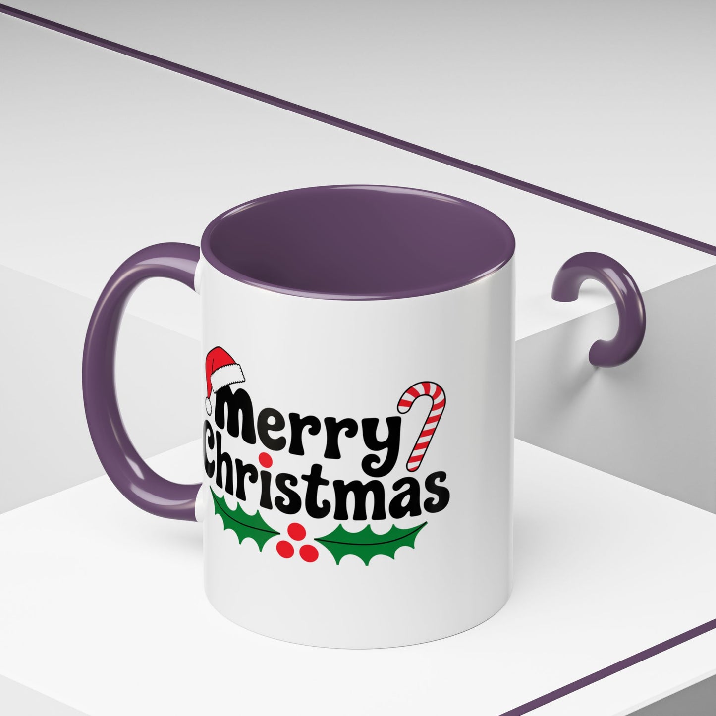 Christmas Mug - Merry Christmas Black Text Hat Candy Cane Mistletoe