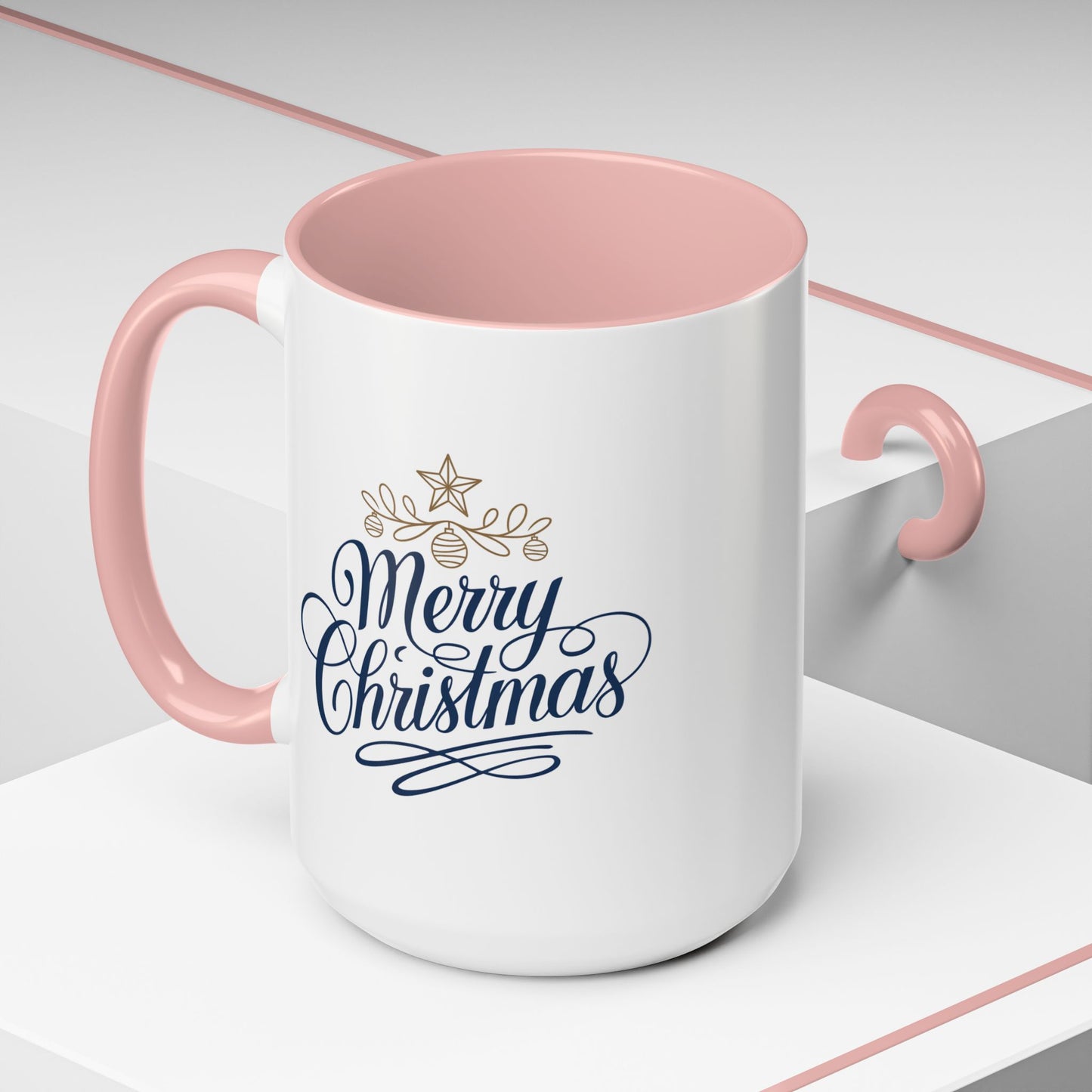 Christmas Mug - Merry Christmas Blue Text Gold Ornaments
