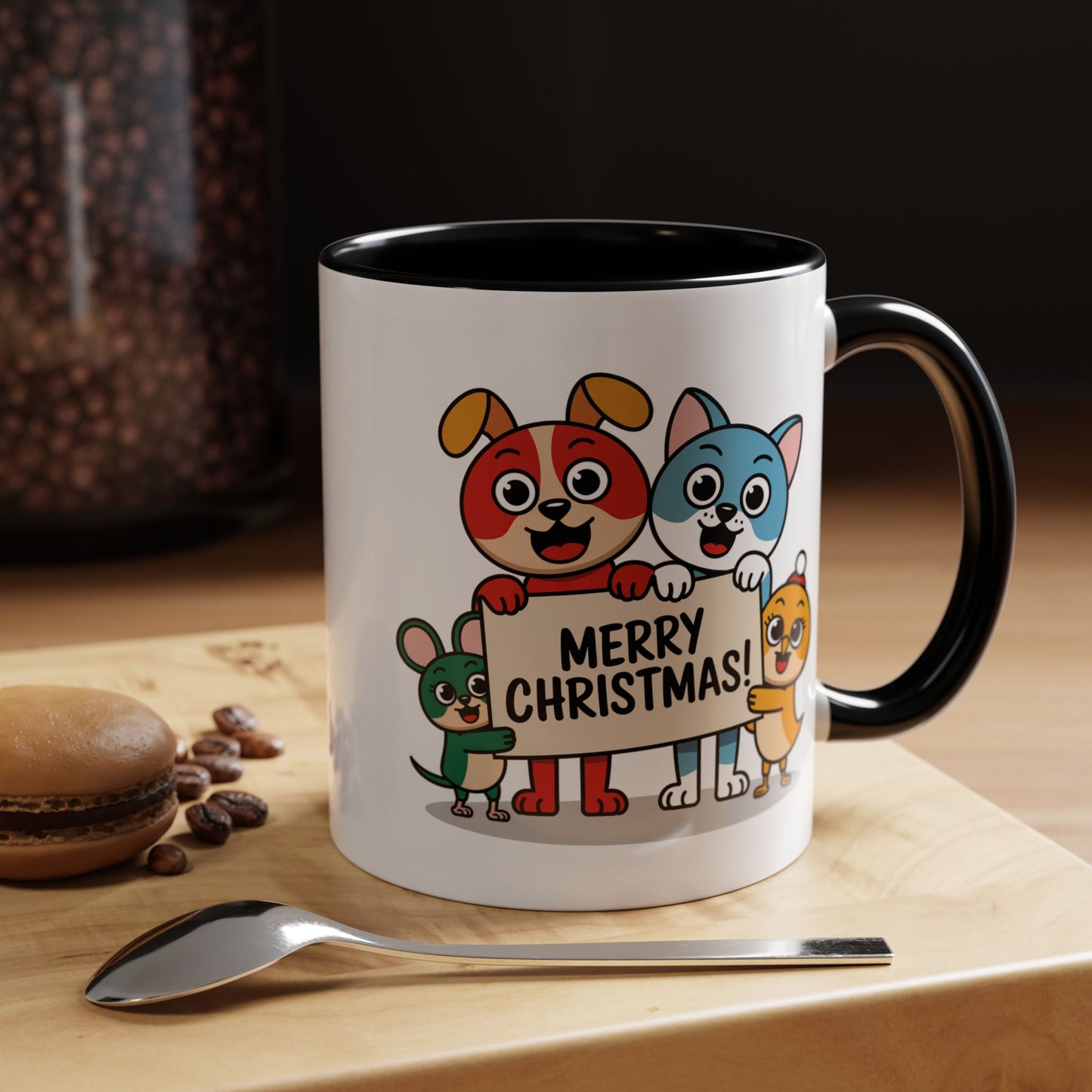Christmas Mug - Merry Christmas Black Text Mouse Dog Cat Bird