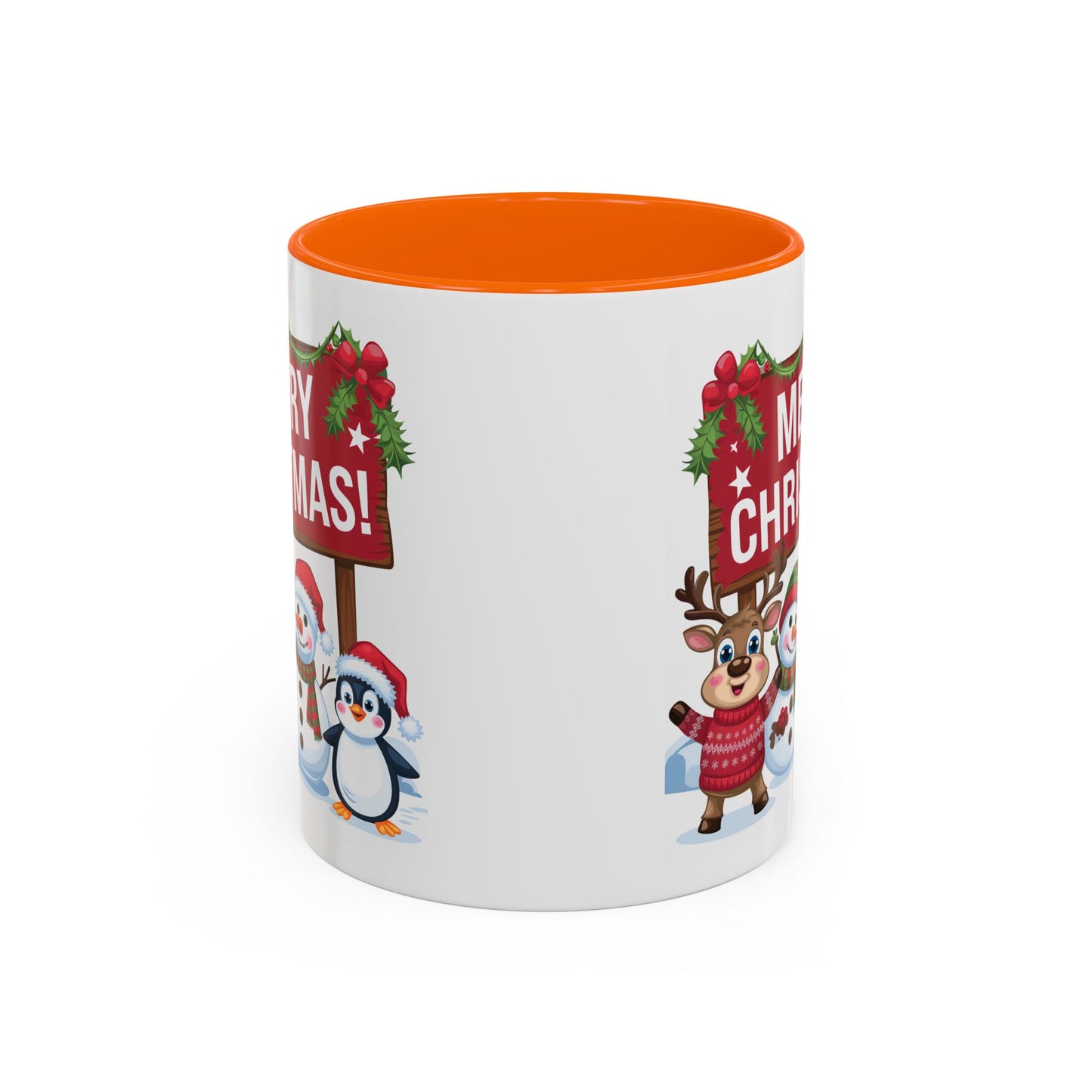 Christmas Mug - Merry Christmas White Text Reindeer Snowmen Penguin
