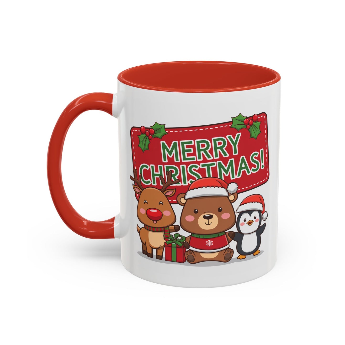 Christmas Mug - Green Text Red Banner Reindeer Bear Penguin