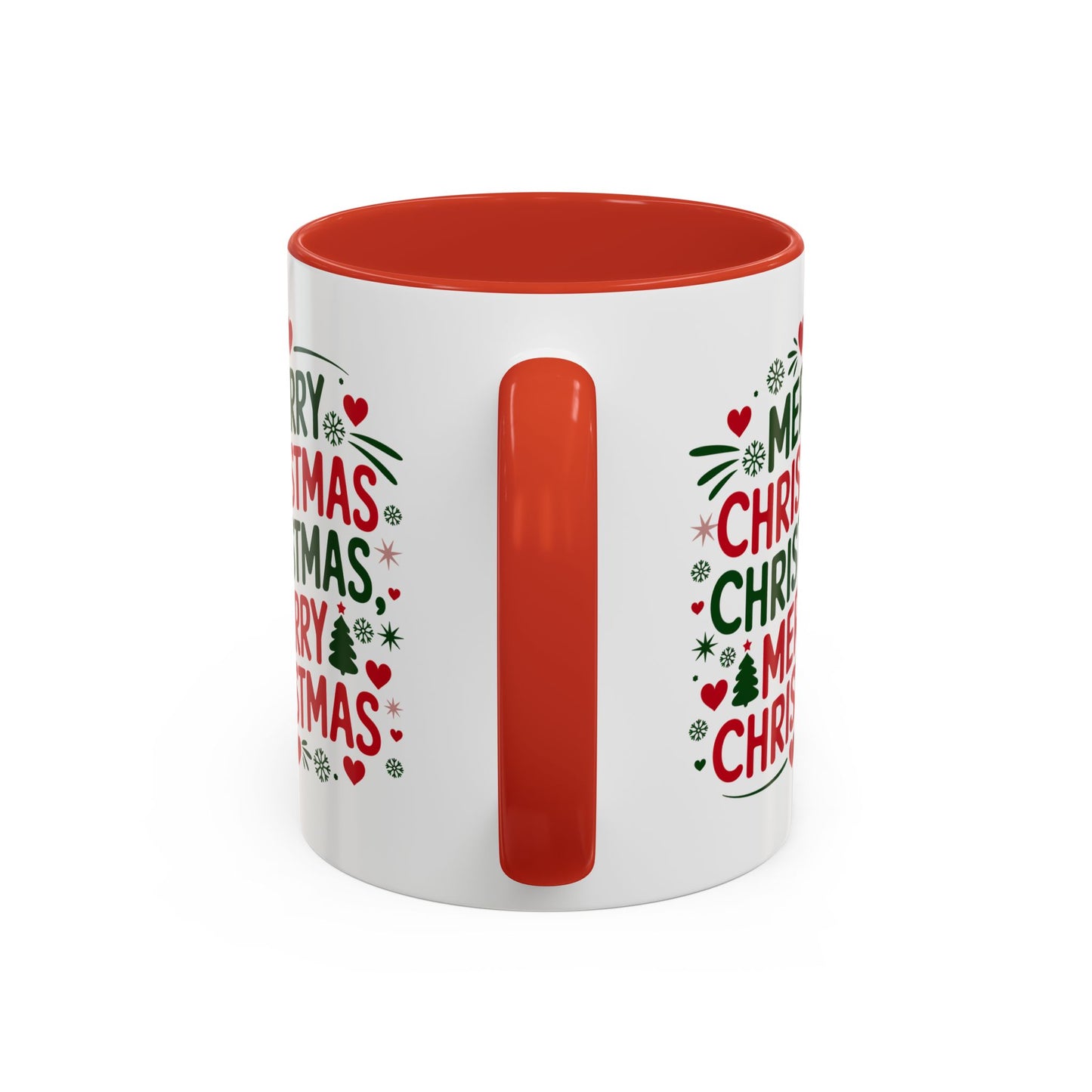 Christmas Mug - Merry Christmas Green & Red Text Trees Hearts Snowflakes Stars