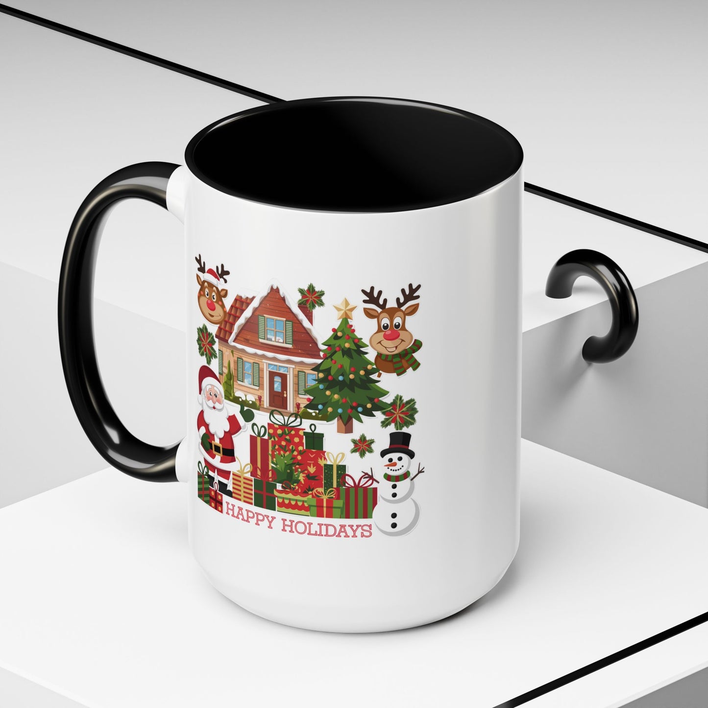 Christmas Mug - Happy Holidays Red Text Reindeer Santa Snowman Presents