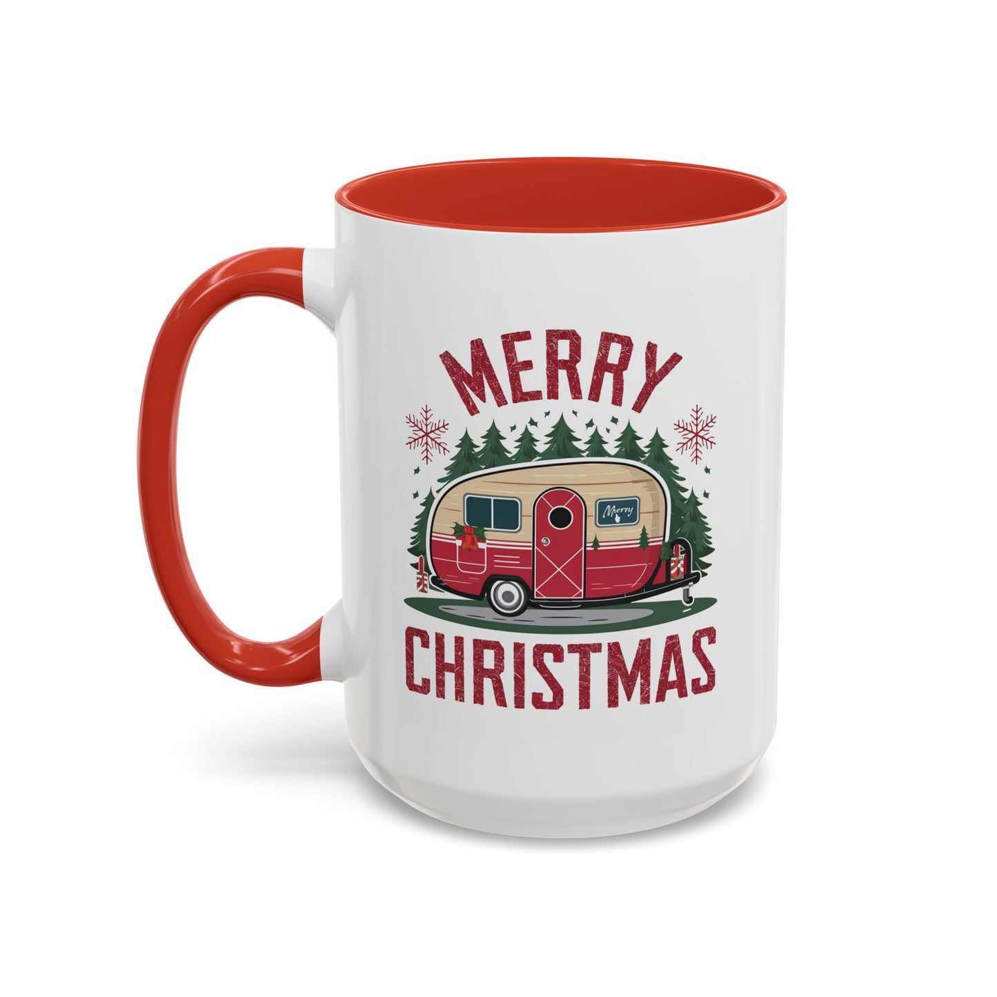 Christmas Mug - Merry Christmas Maroon Text Camper Trees Snowflakes