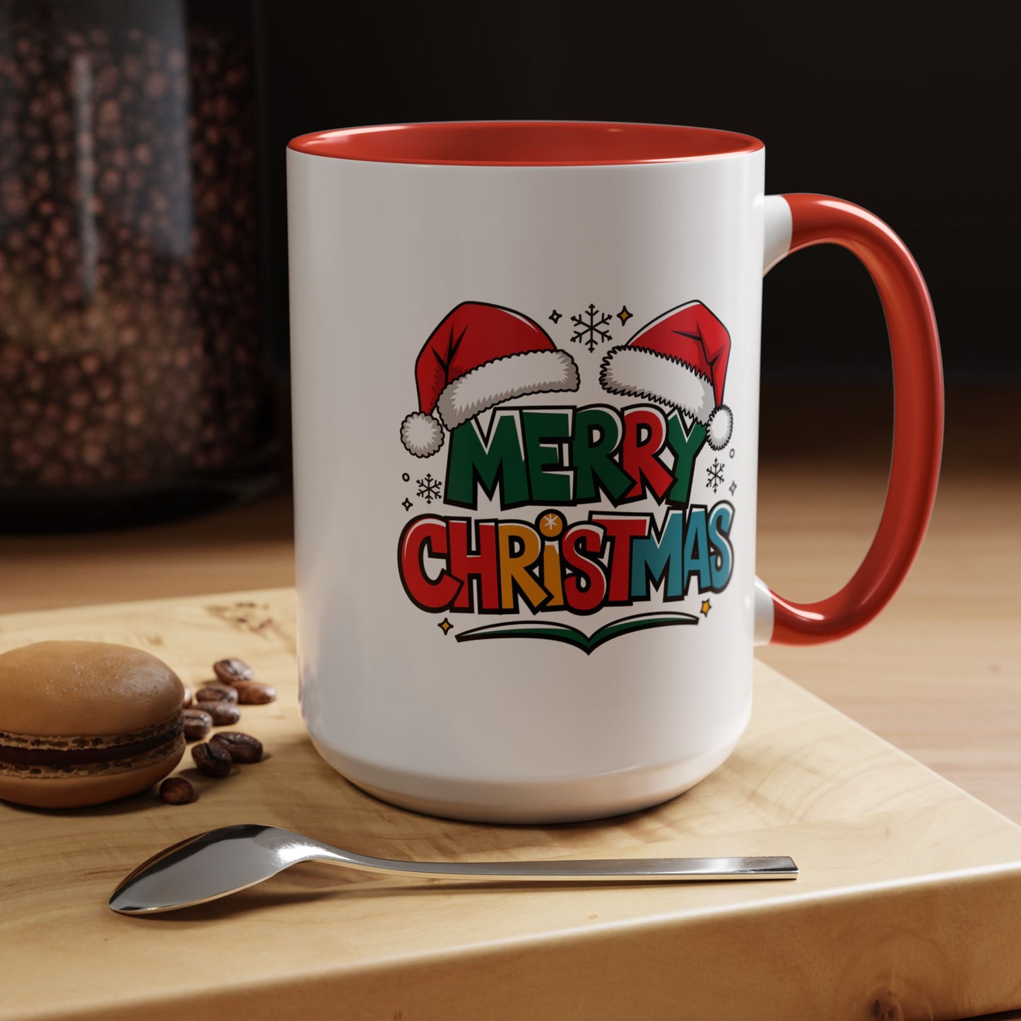 Christmas Mug - Merry Christmas Green Red Yellow and Blue Text Red Hats