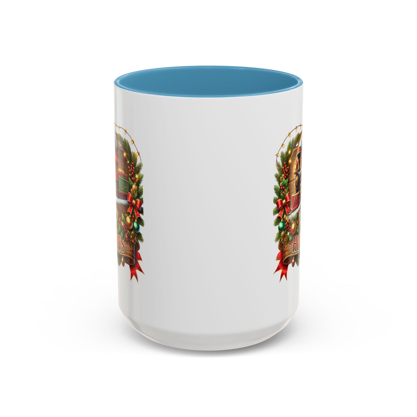 Christmas Mug - Happy Holidays White & Red Text Steam Locomotive