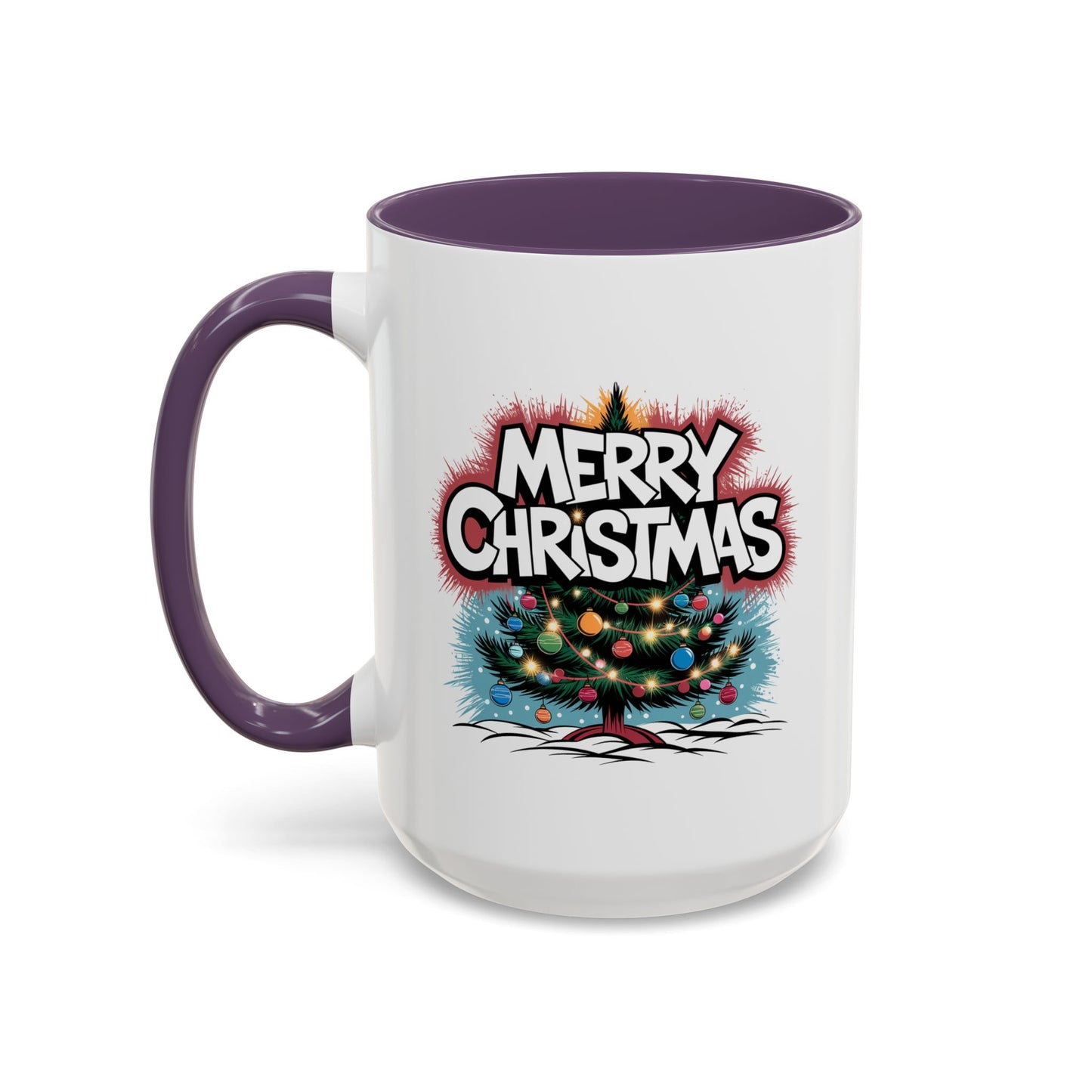 Christmas Mug - Merry Christmas White & Red Text Tree Lights