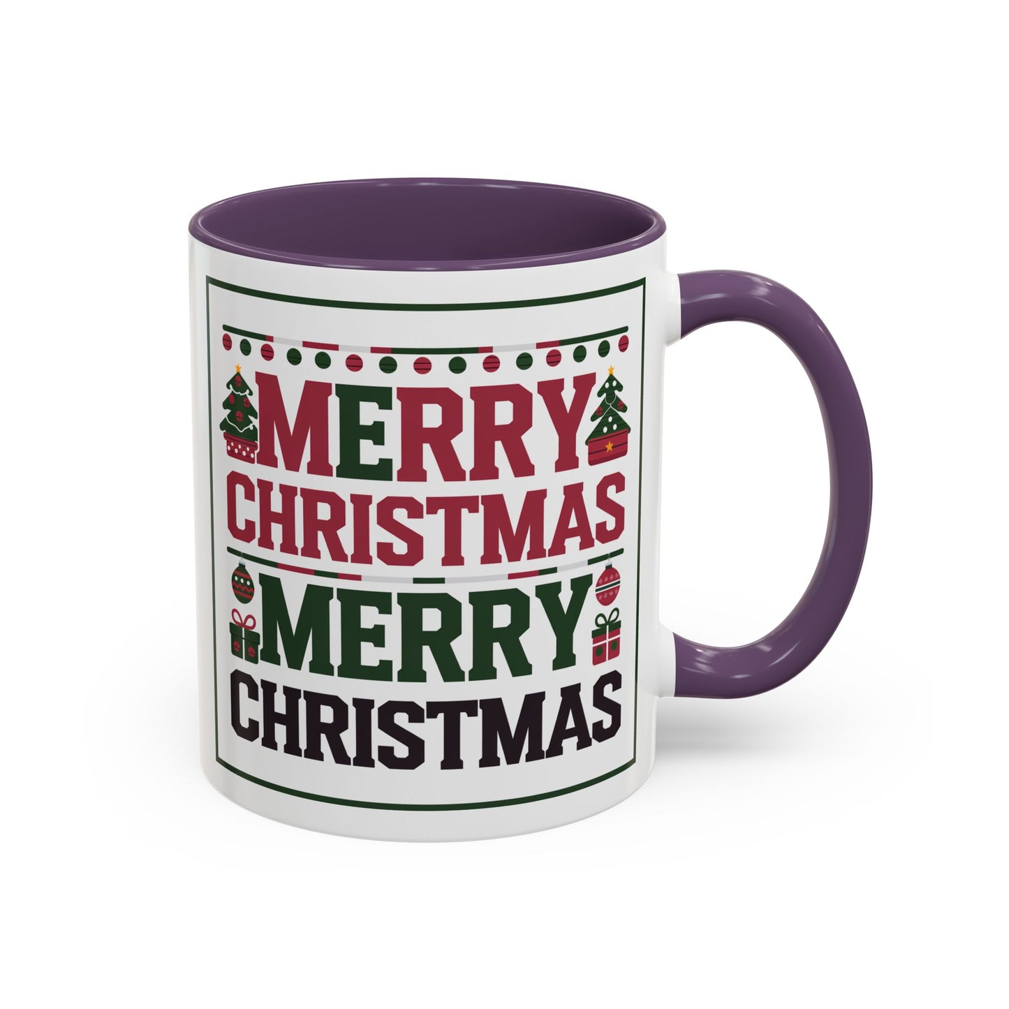 Christmas Mug - Merry Christmas Red Green & Black Text Trees Presents