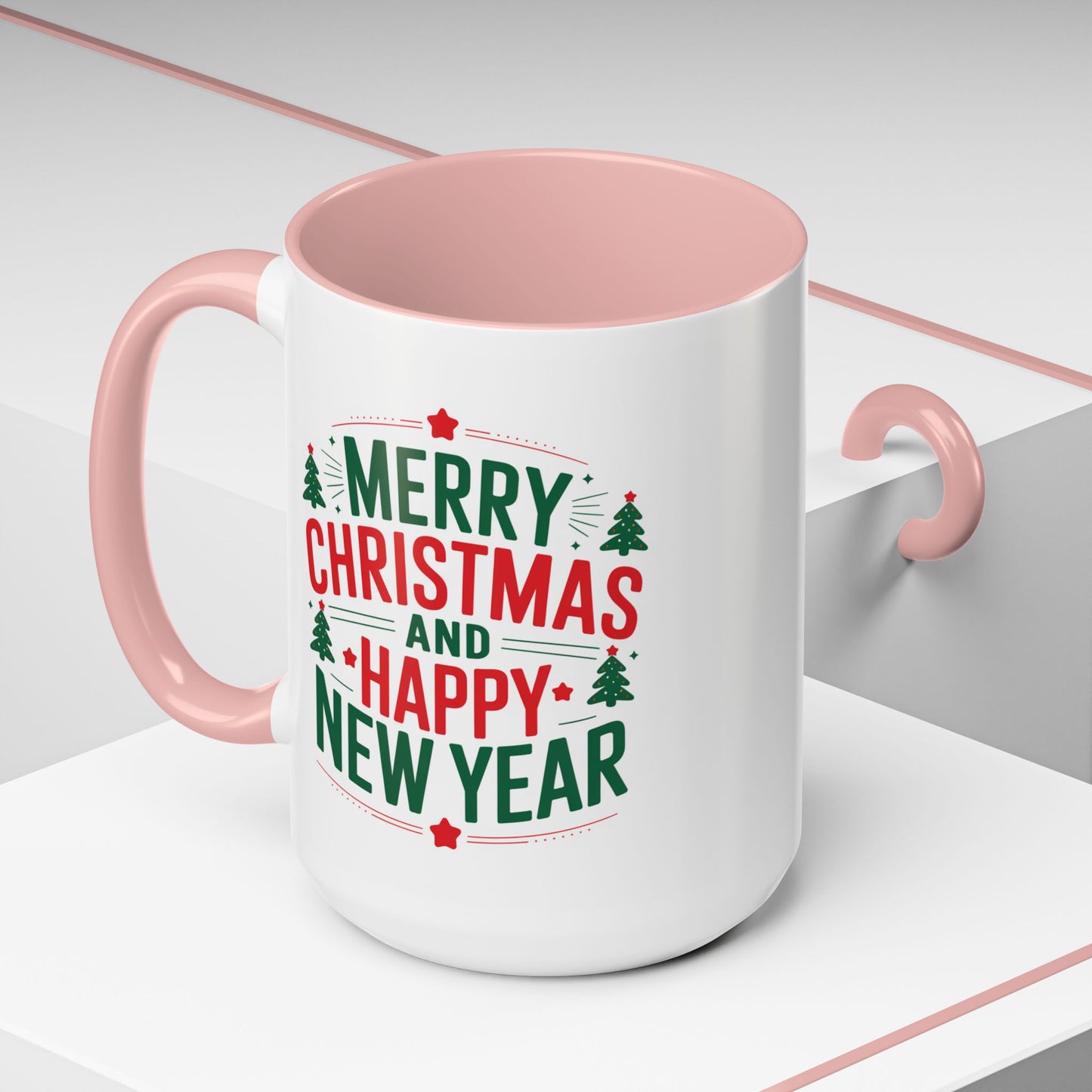 Christmas Mug - Merry Christmas and a Happy New Year Green & Red Text Trees Stars