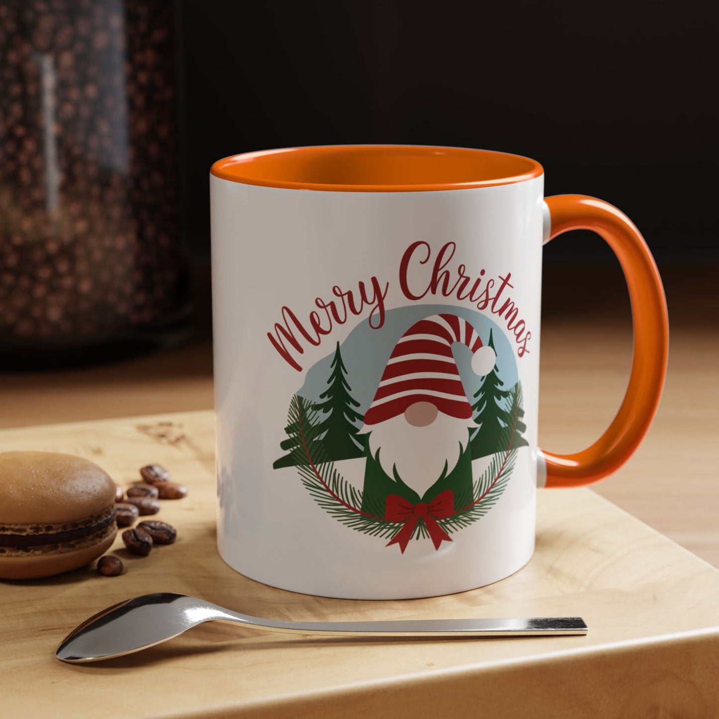Christmas Mug - Merry Christmas Red Text Gnome Bow Tree