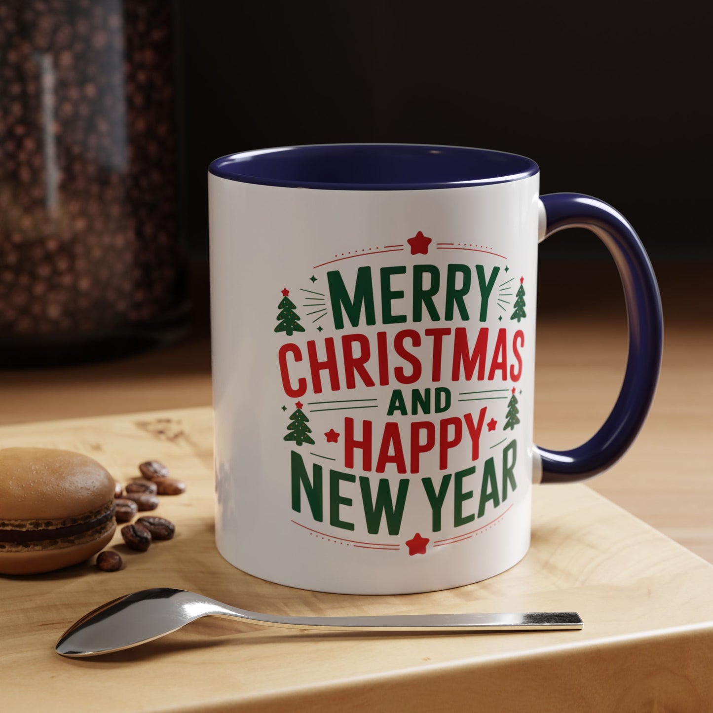 Christmas Mug - Merry Christmas and a Happy New Year Green & Red Text Trees Stars