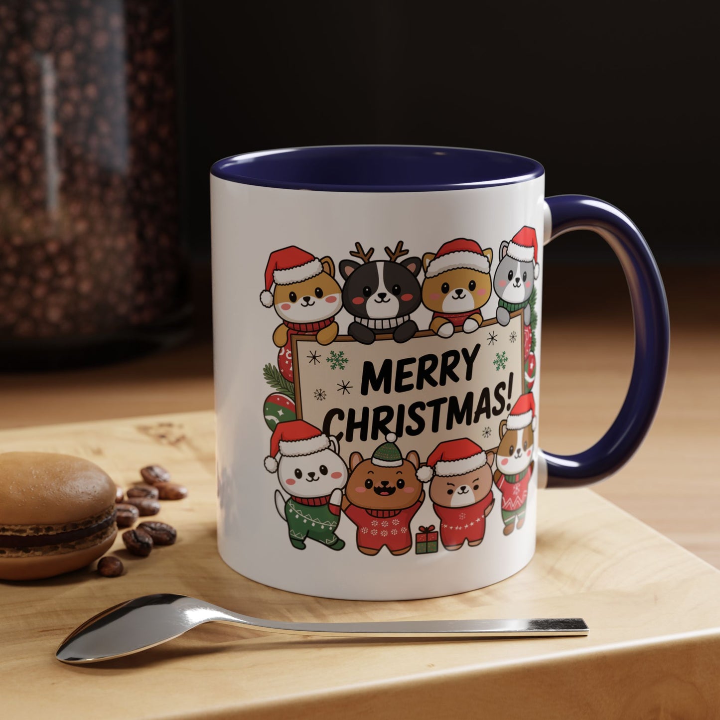 Christmas Mug - Merry Christmas Black Text Cute Animals
