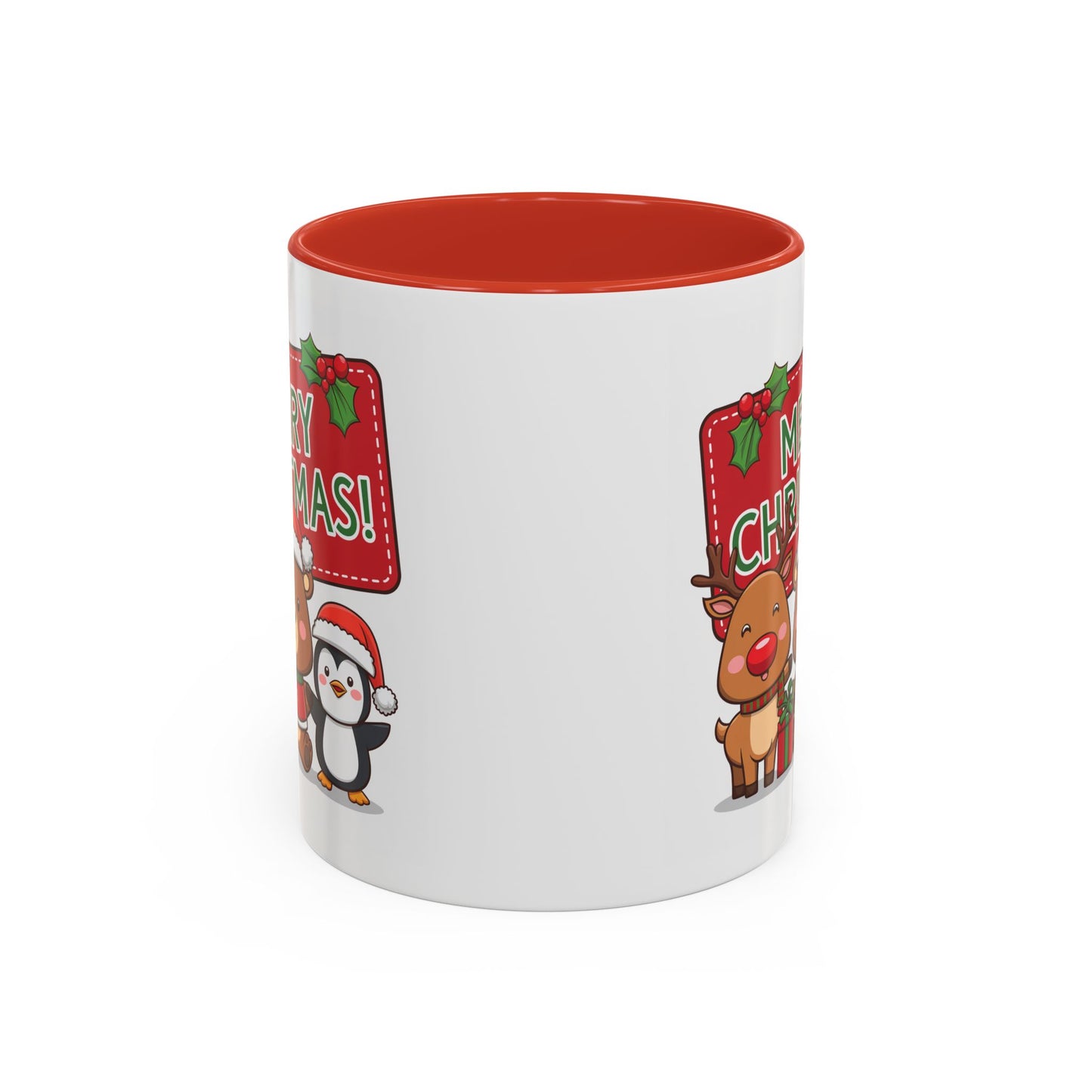 Christmas Mug - Green Text Red Banner Reindeer Bear Penguin