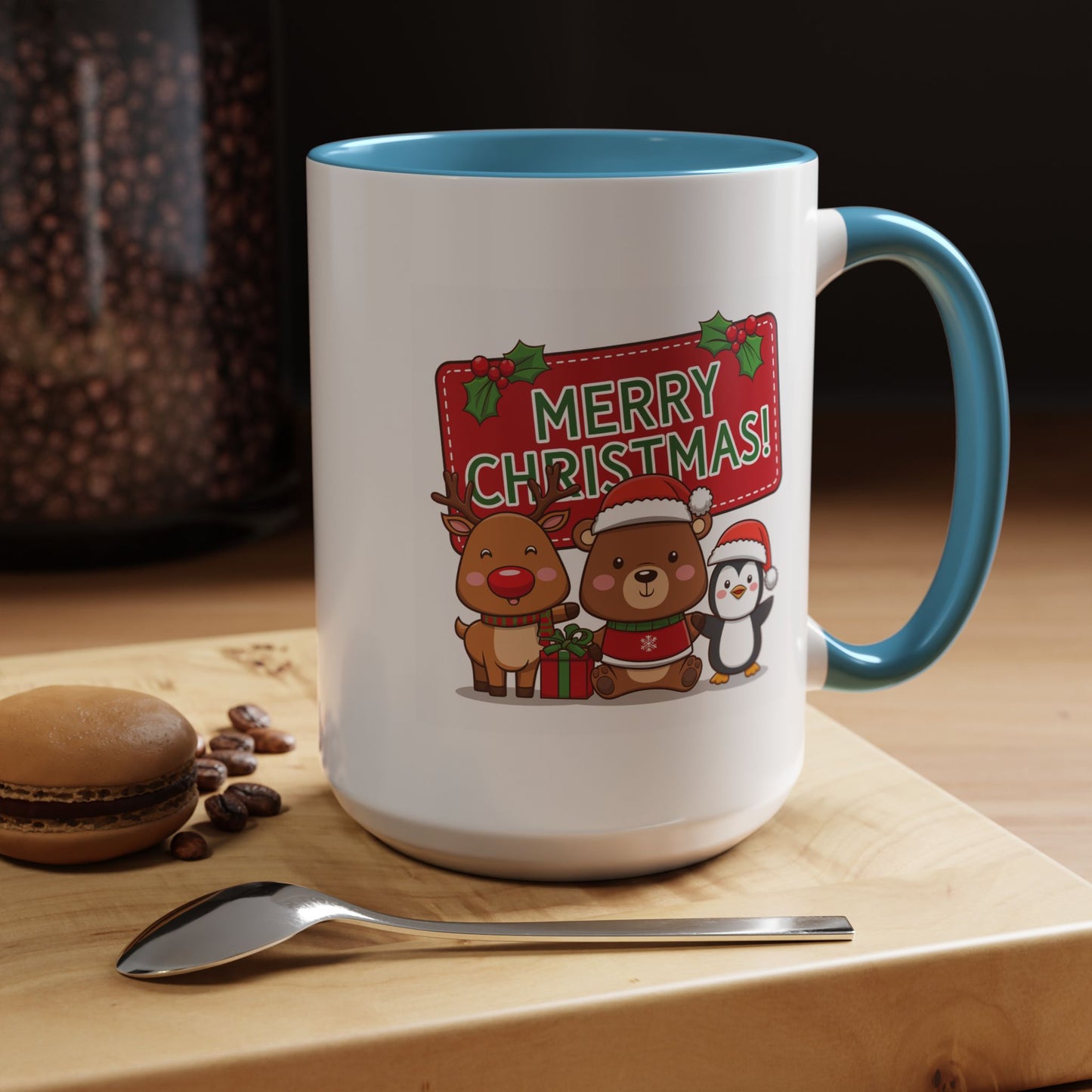 Christmas Mug - Green Text Red Banner Reindeer Bear Penguin