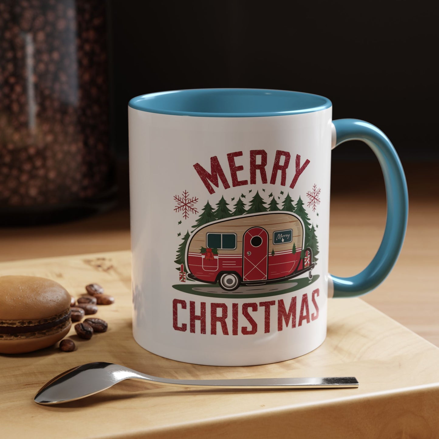 Christmas Mug - Merry Christmas Maroon Text Camper Trees Snowflakes