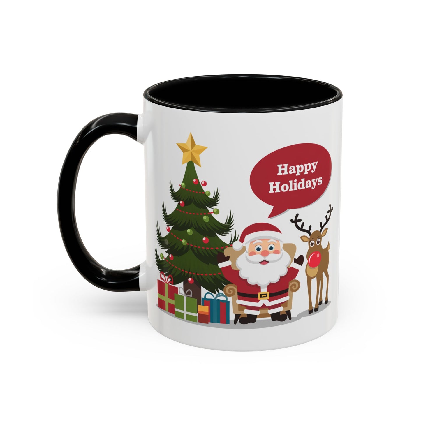 Christmas Mug - Happy Holidays Callout Santa Tree Presents Reindeer