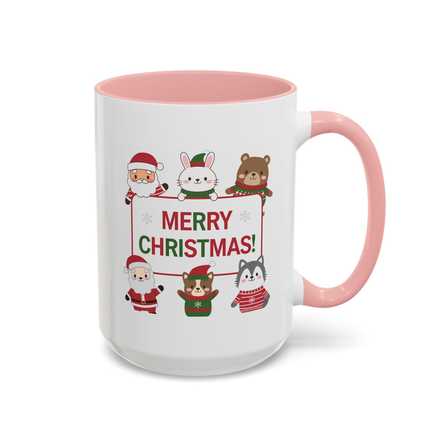 Christmas Mug - Merry Christmas Red & Green Text Santa Cute Animals