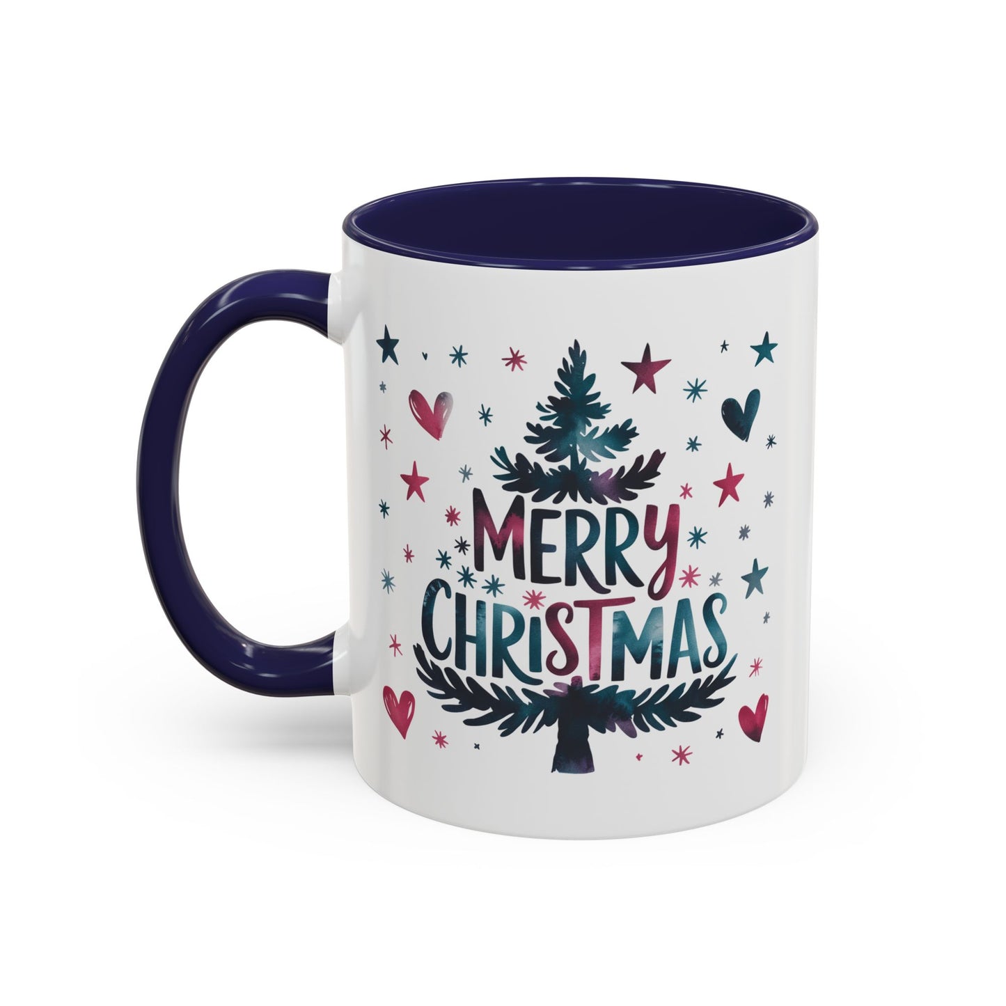 Christmas Mug - Merry Christmas Maroon & Blue Text Tree Hearts Stars